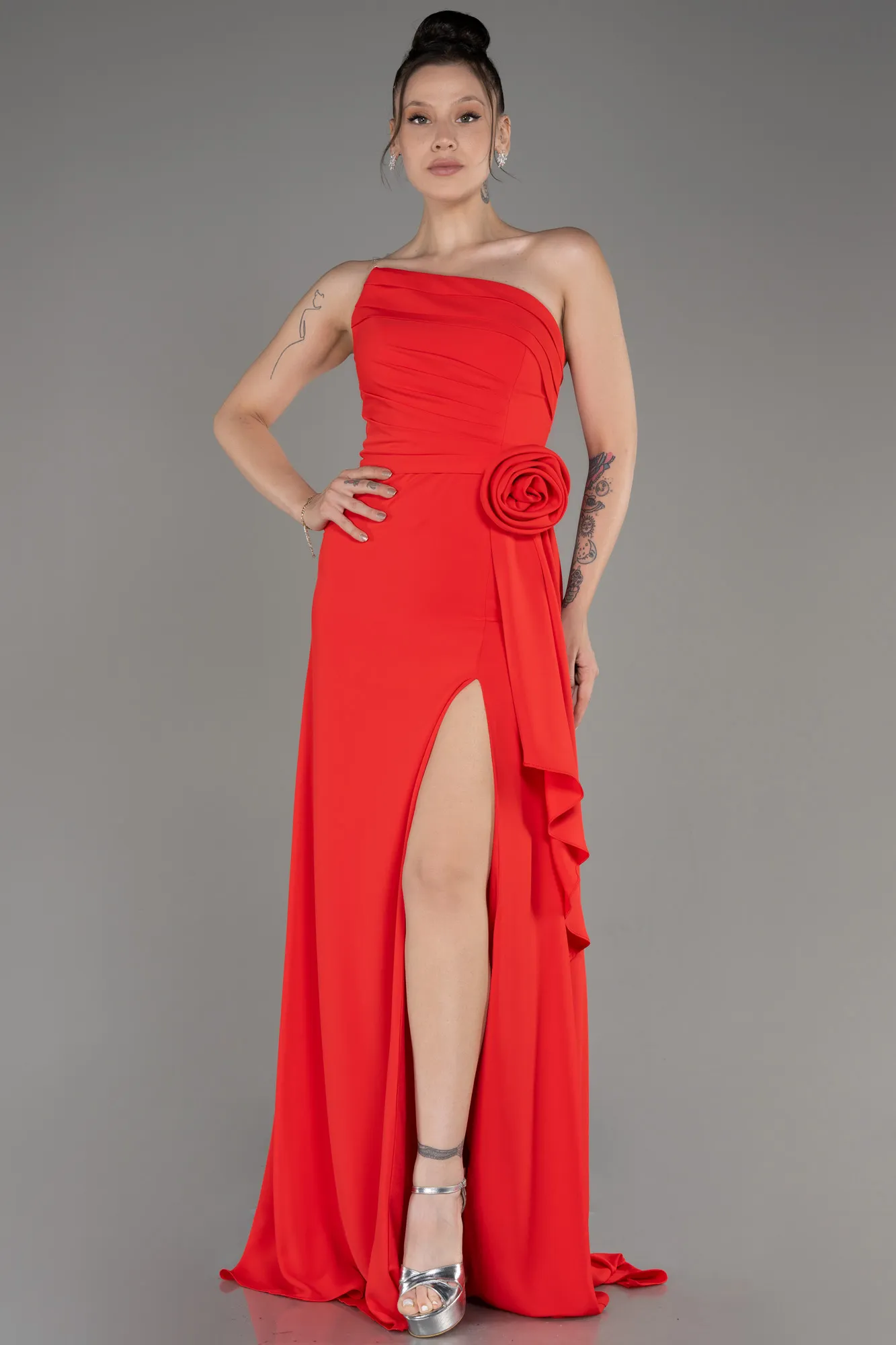 Coral-Strapless Slit Long Chiffon Evening Dress ABU3974