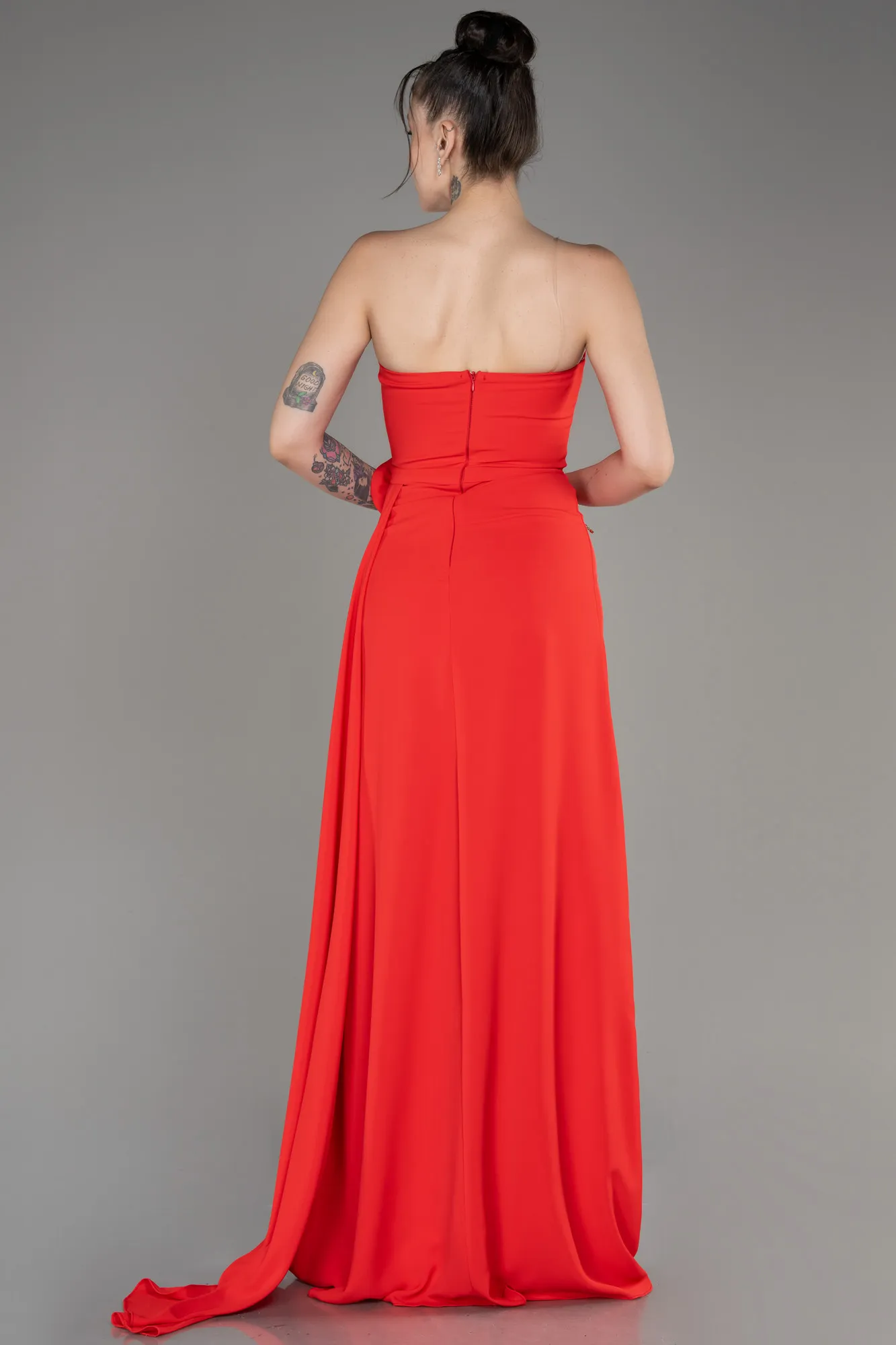 Coral-Strapless Slit Long Chiffon Evening Dress ABU3974