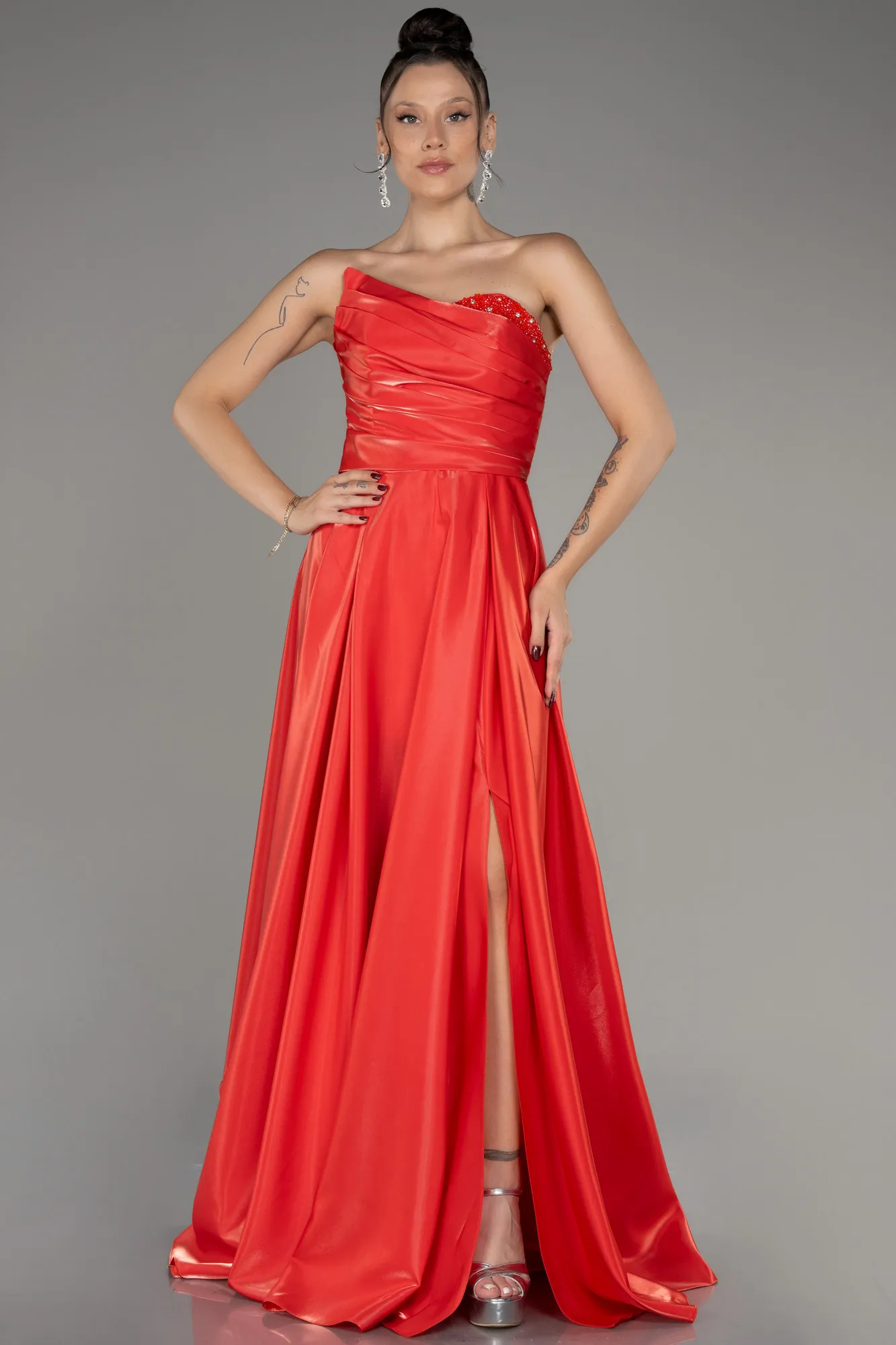 Coral-Strapless Slit Long Prom Dress ABU4036