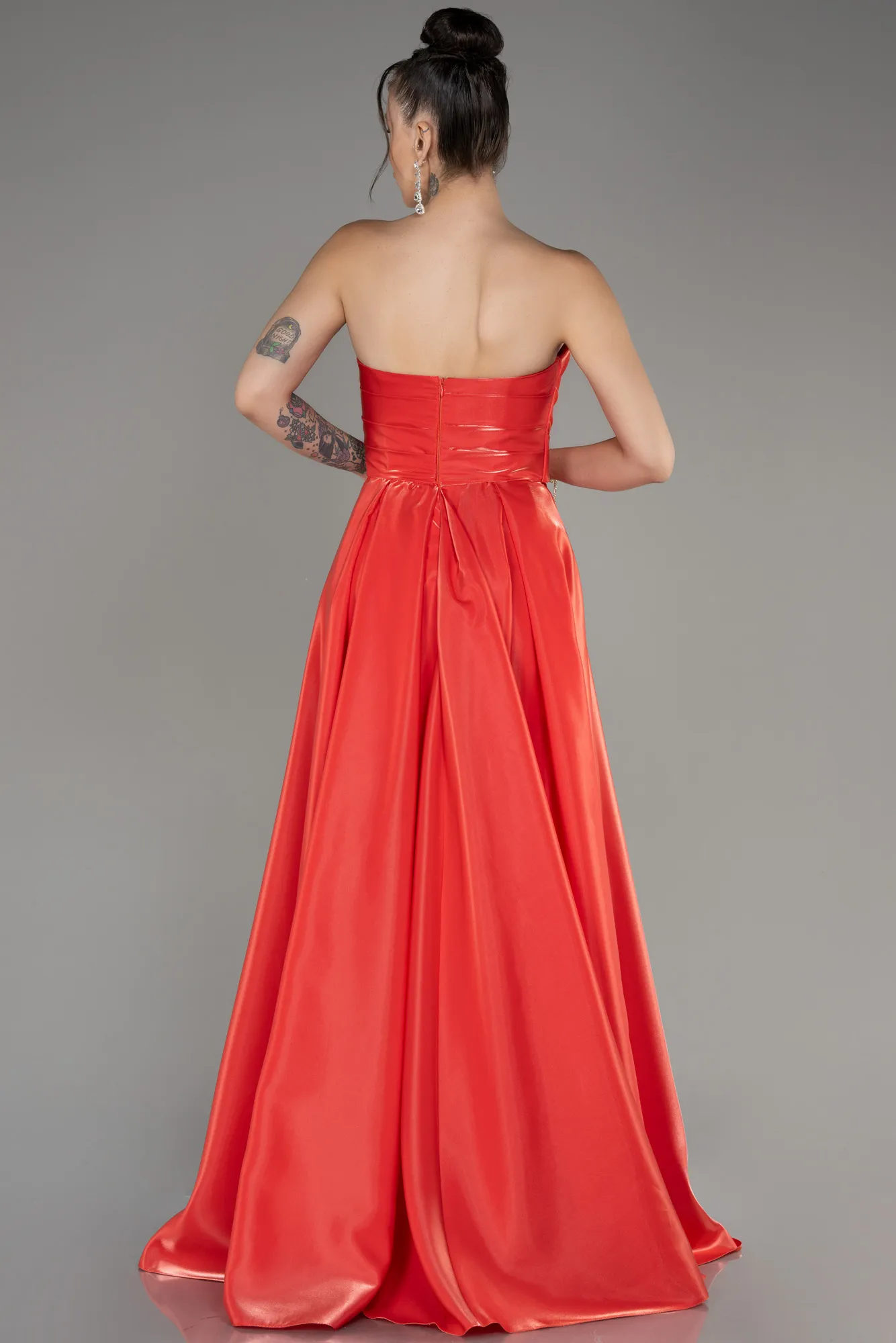 Coral-Strapless Slit Long Prom Dress ABU4036