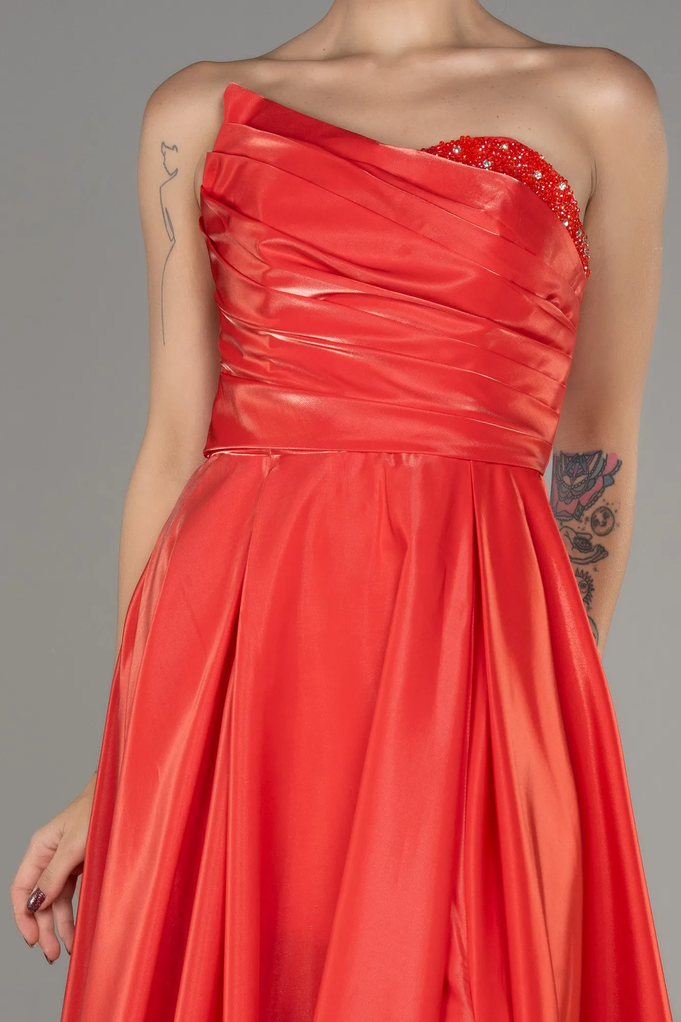 Coral-Strapless Slit Long Prom Dress ABU4036