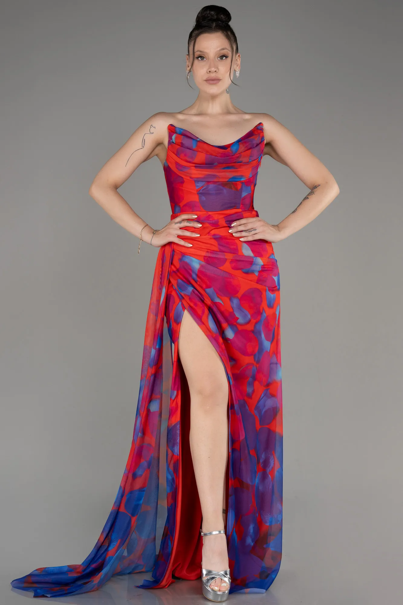 Coral-Strapless Slit Print Prom Dress ABU4360