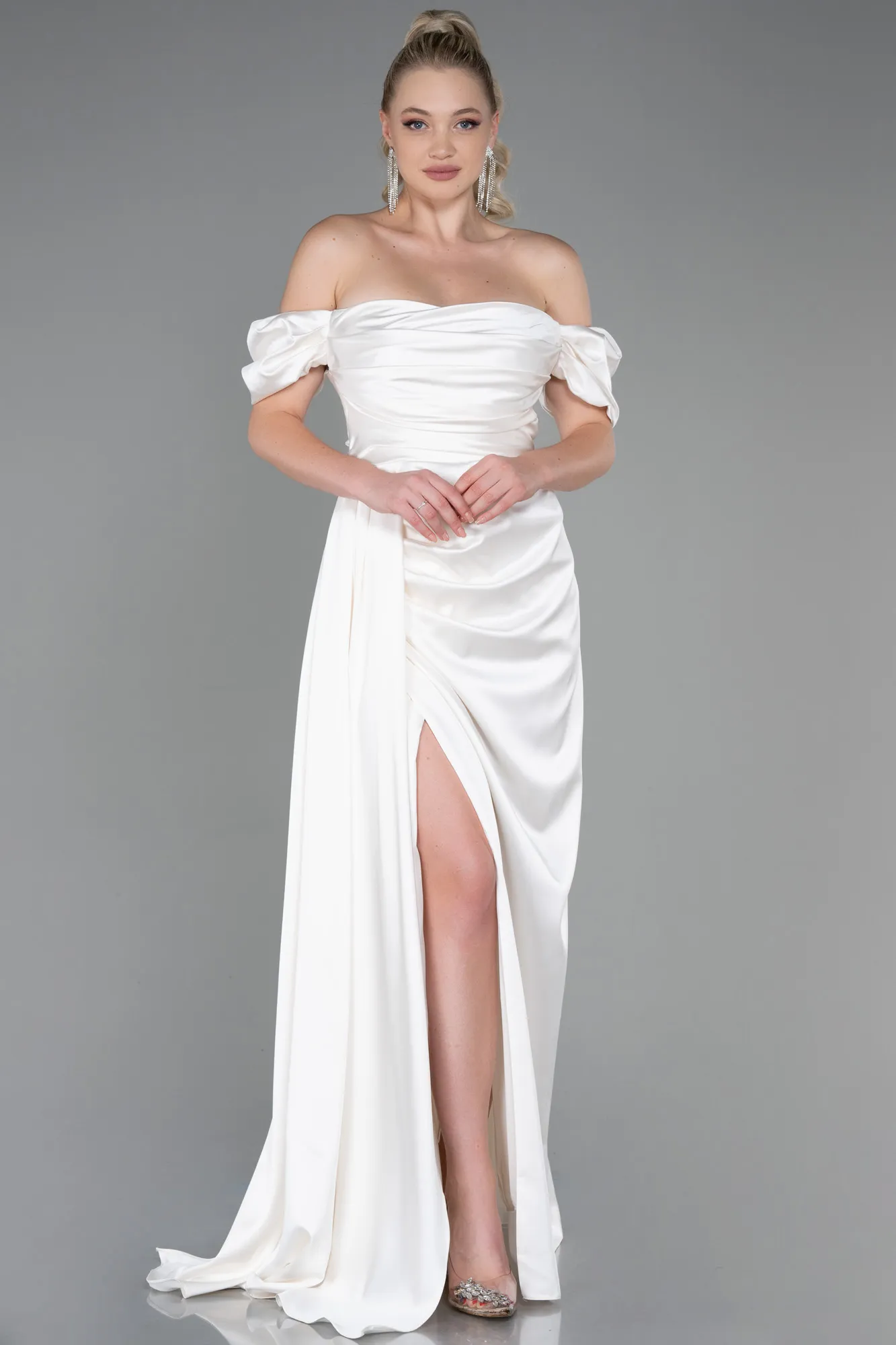 Cream-Long Satin Engagement Dress ABU1606