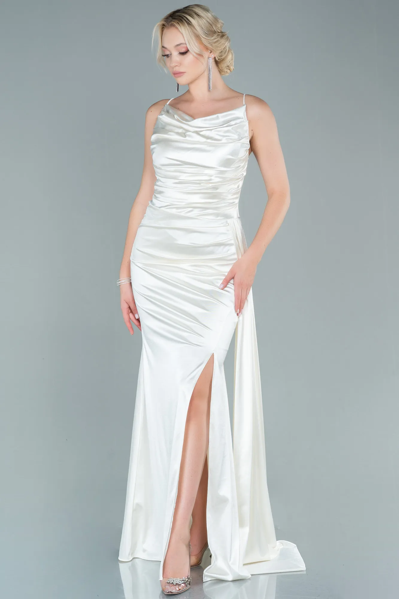 Cream-Long Satin Prom Gown ABU2539