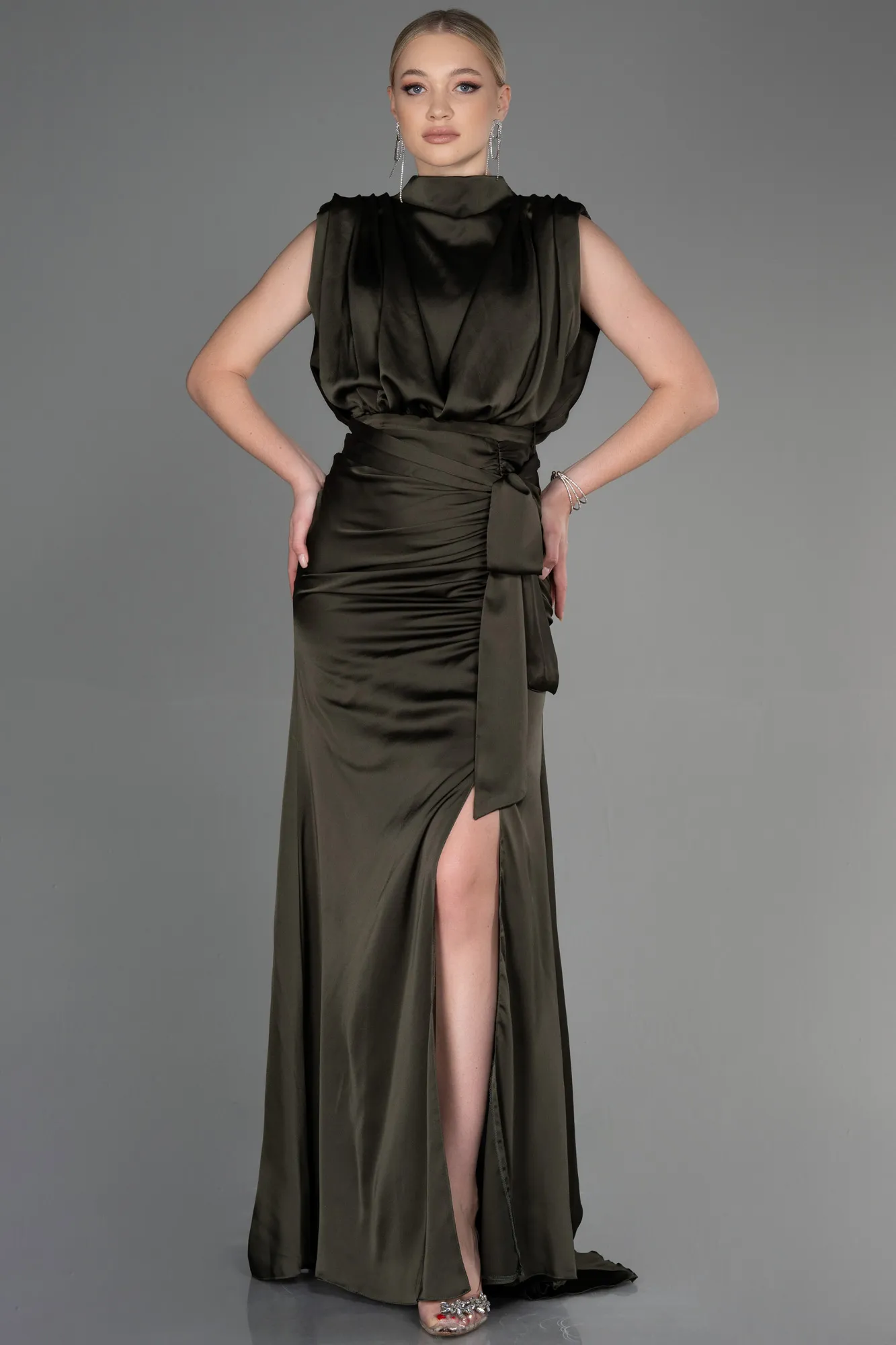 Dark Khaki-Long Satin Evening Dress ABU2133