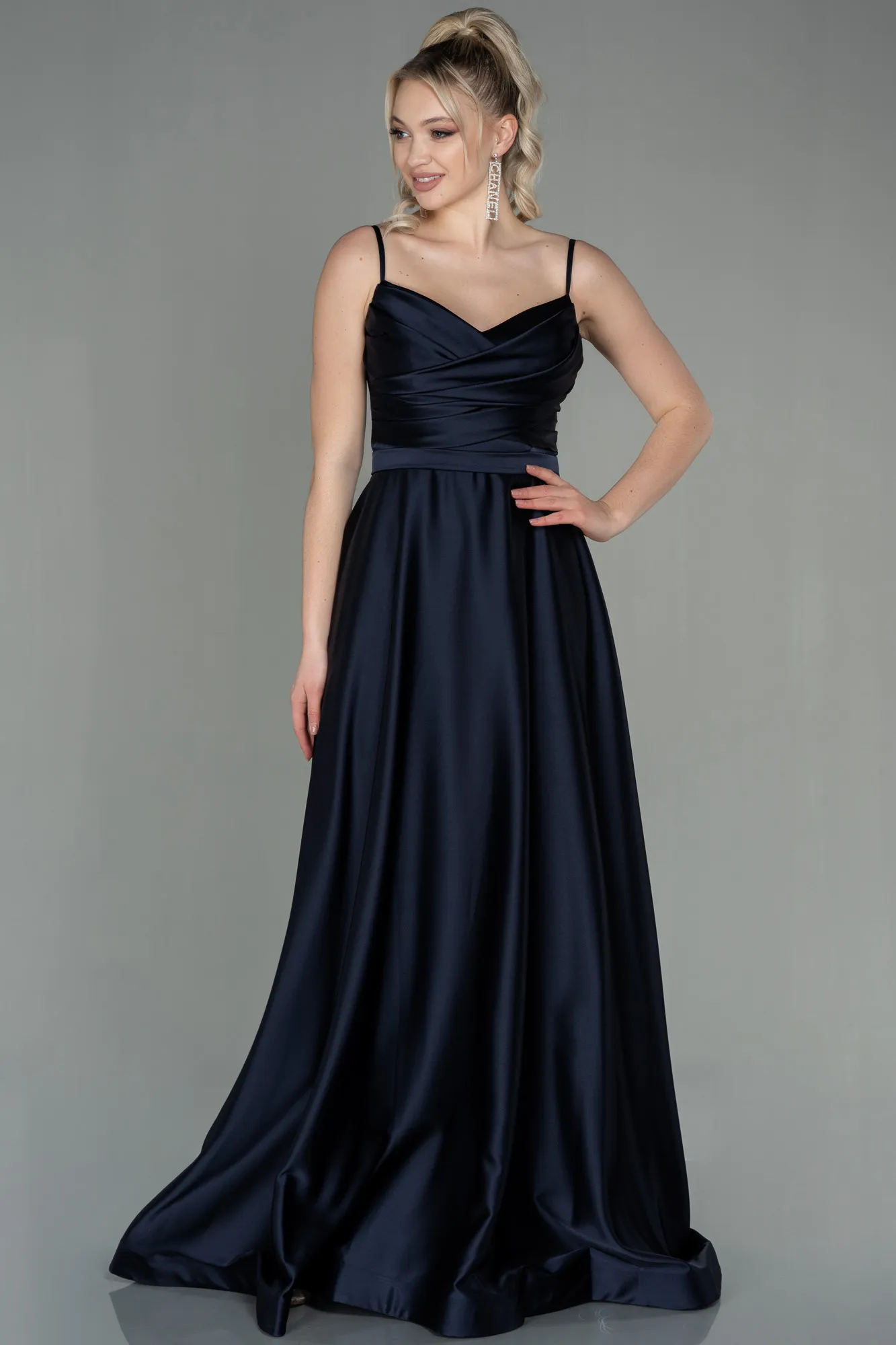Dark Navy Blue-Long Satin Evening Dress ABU1601