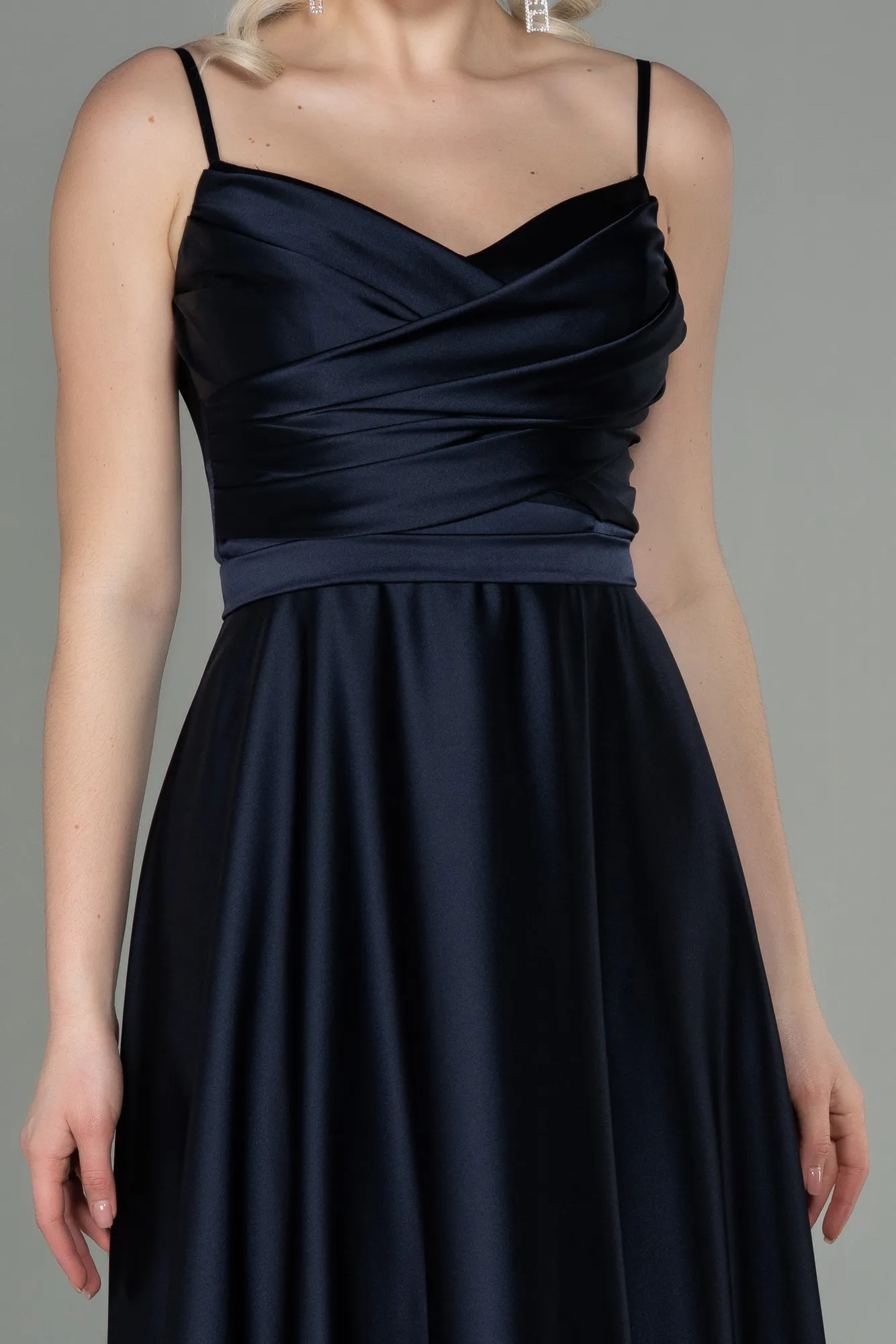 Dark Navy Blue-Long Satin Evening Dress ABU1601