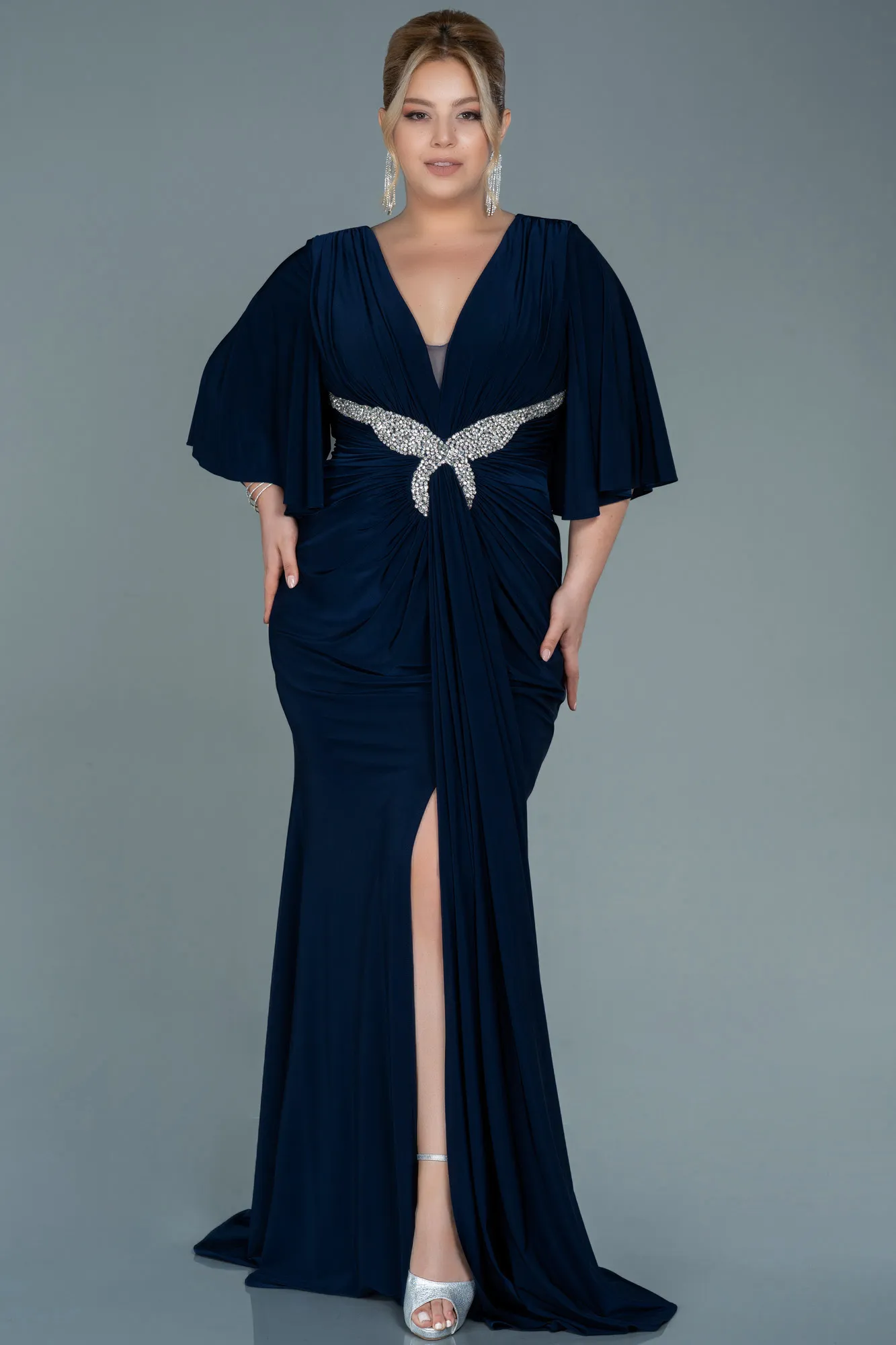 Dark Navy Blue-Long Satin Plus Size Evening Dress ABU2646