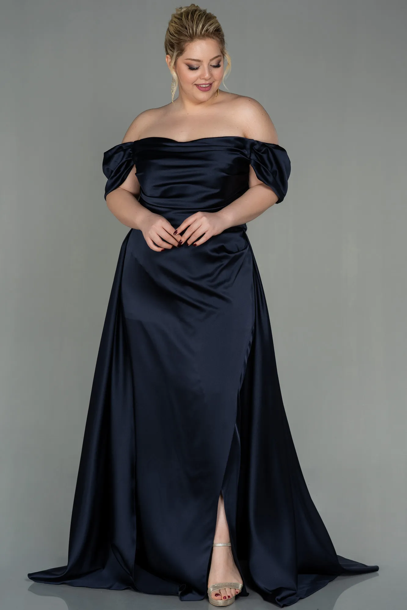 Dark Navy Blue-Long Satin Plus Size Evening Dress ABU2923