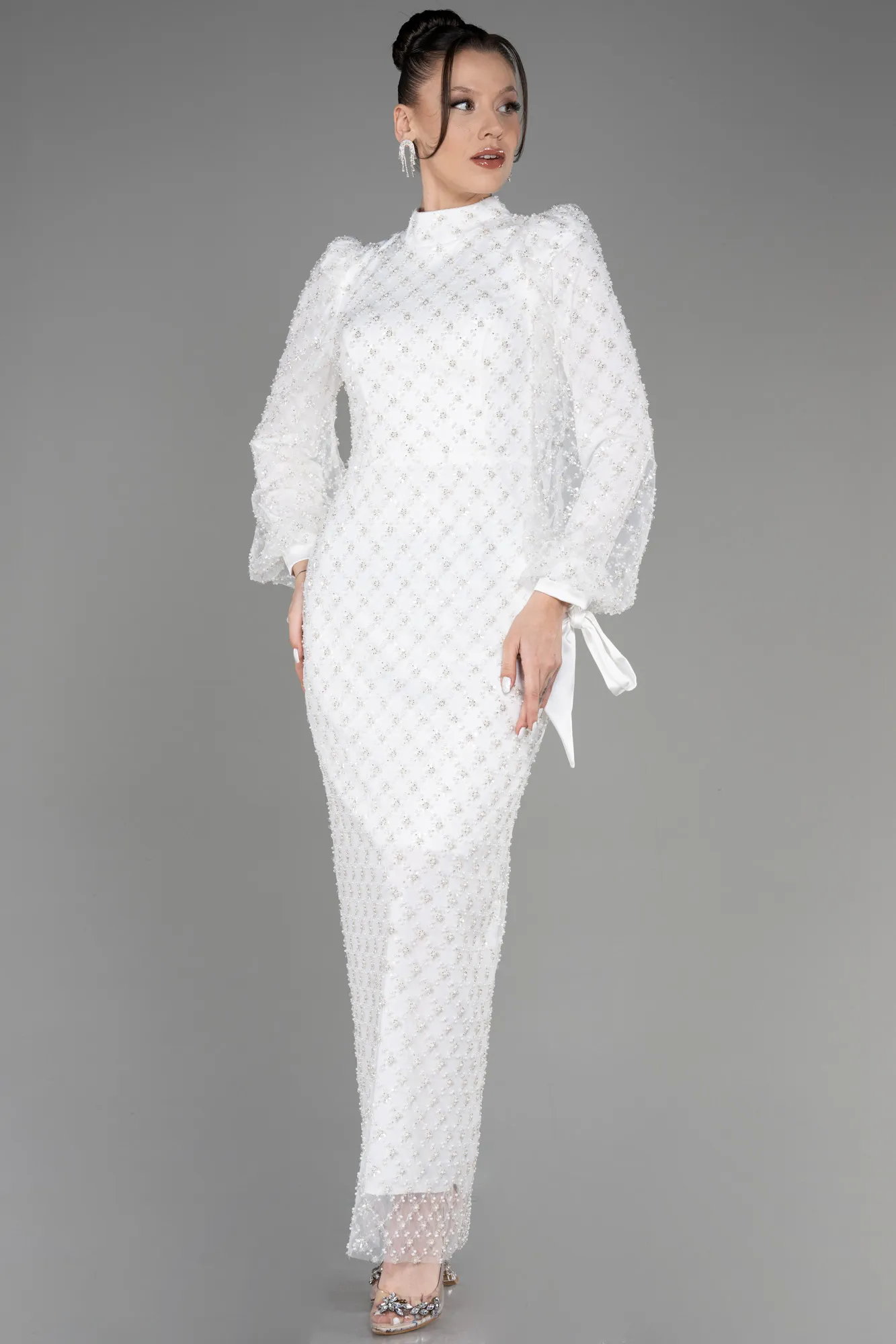 Ecru-Beaded Long Sleeve Midi Evening Dress ABK2045