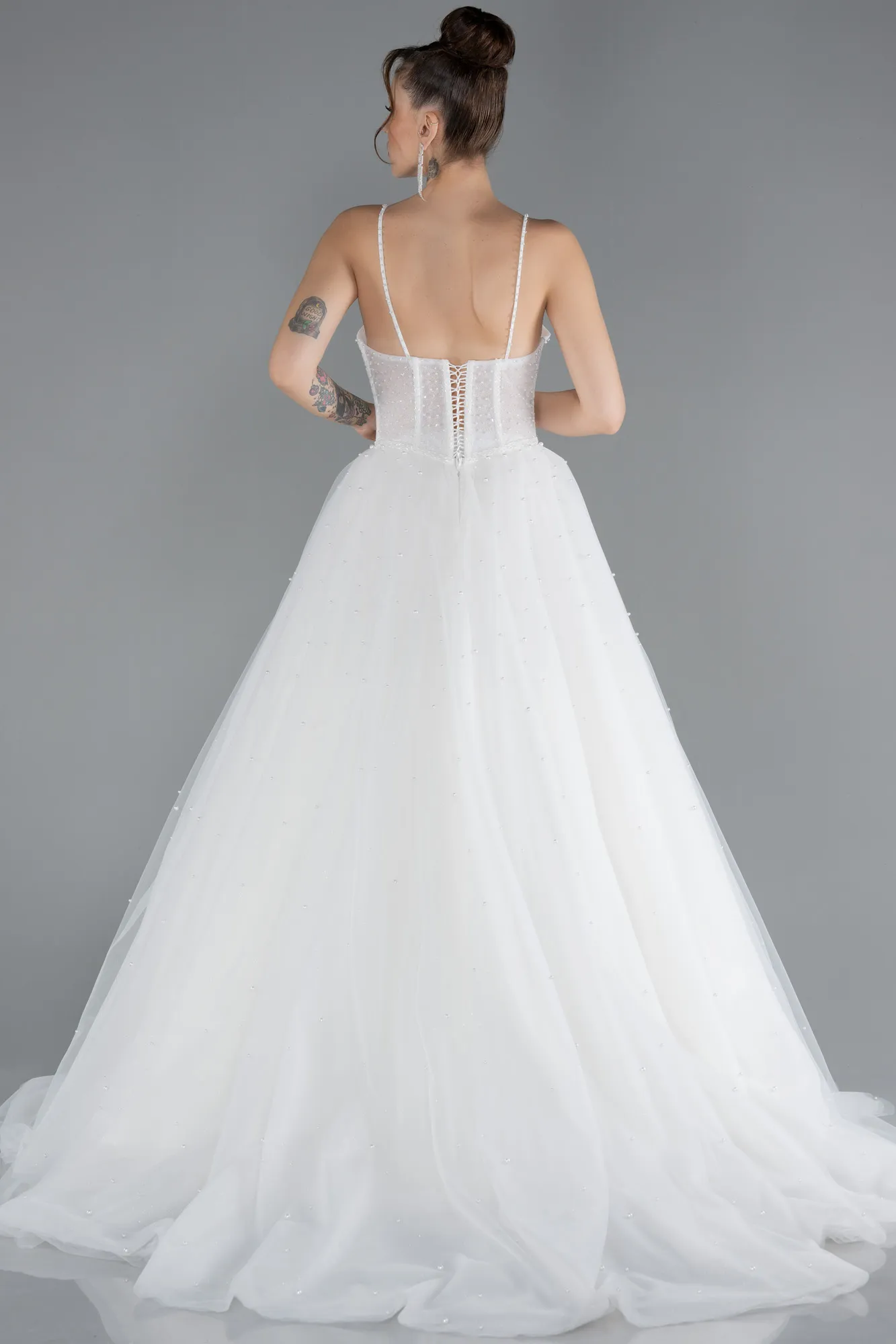 Ecru-Beaded Straps Long Ball Gown Wedding Dress ABG037