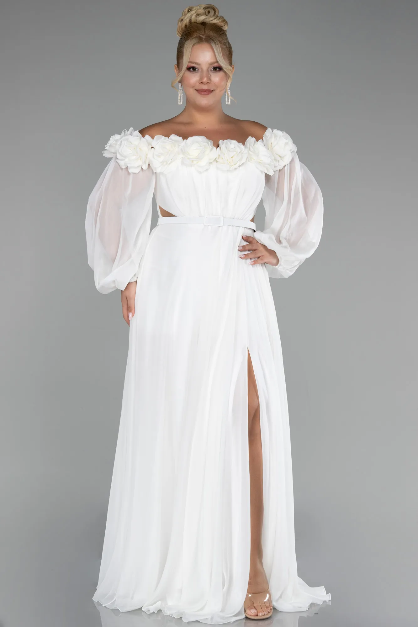 Ecru-Boat Neck Long Sleeve Plus Size Chiffon Prom Gown ABU4131