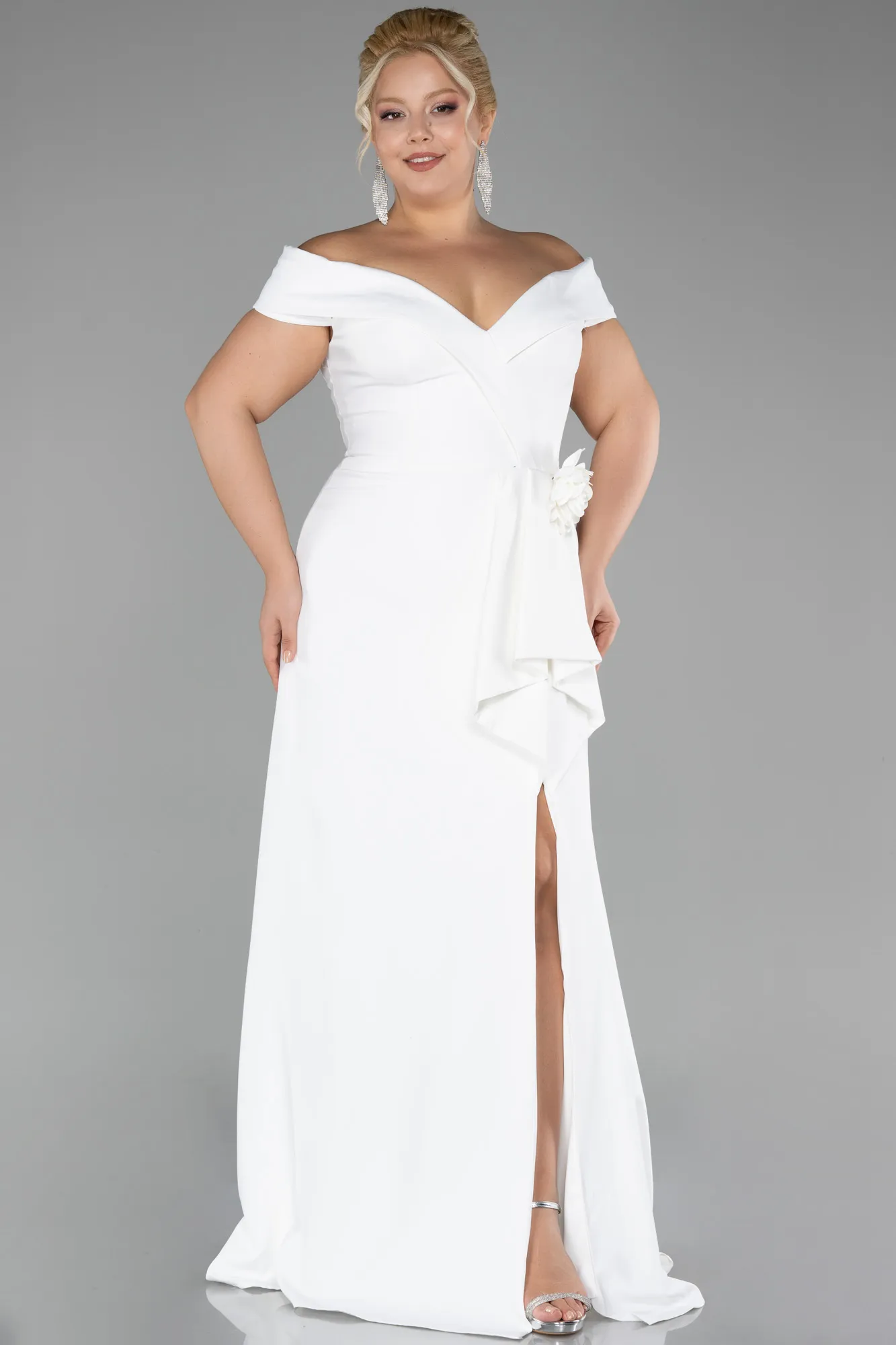 Ecru-Boat Neck Slit Long Plus Size Evening Dress ABU4200