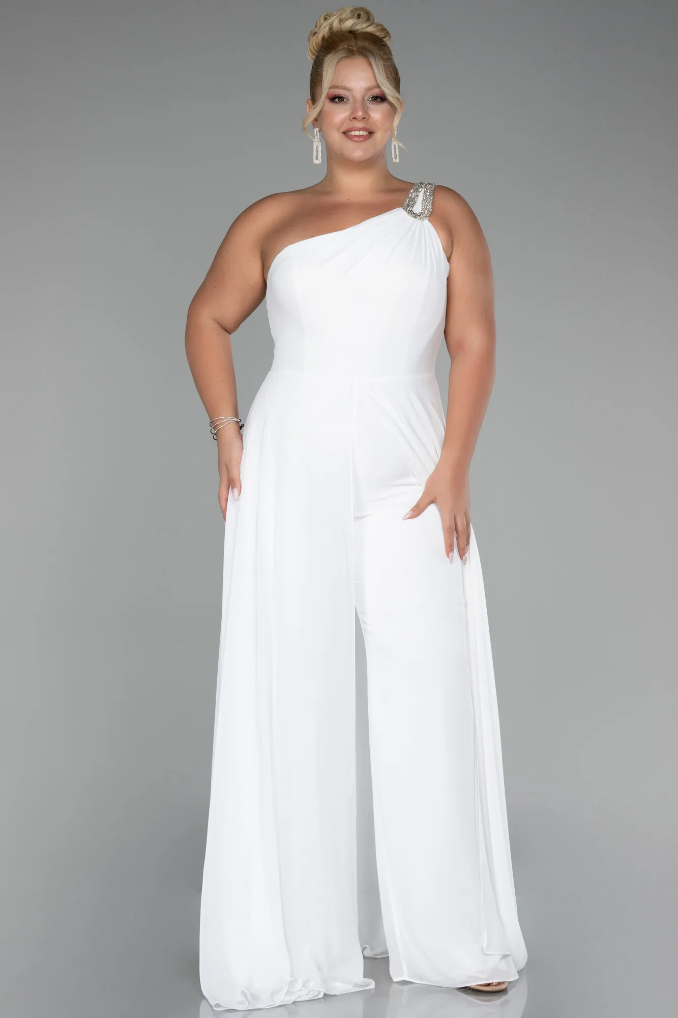 Ecru-Chiffon Plus Size Evening Dress Jumpsuit ABT119