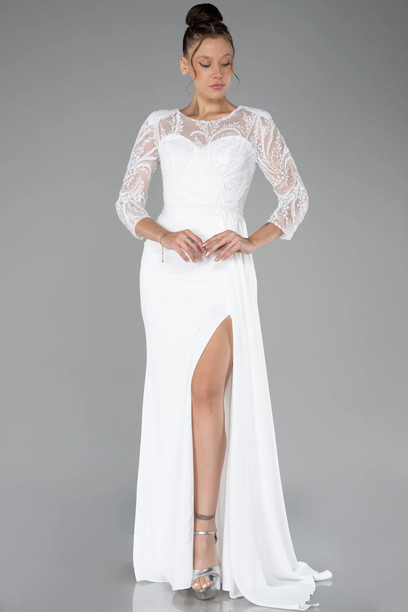 Ecru-Embroidered Capri Sleeve Slit Chiffon Evening Gown ABU4293