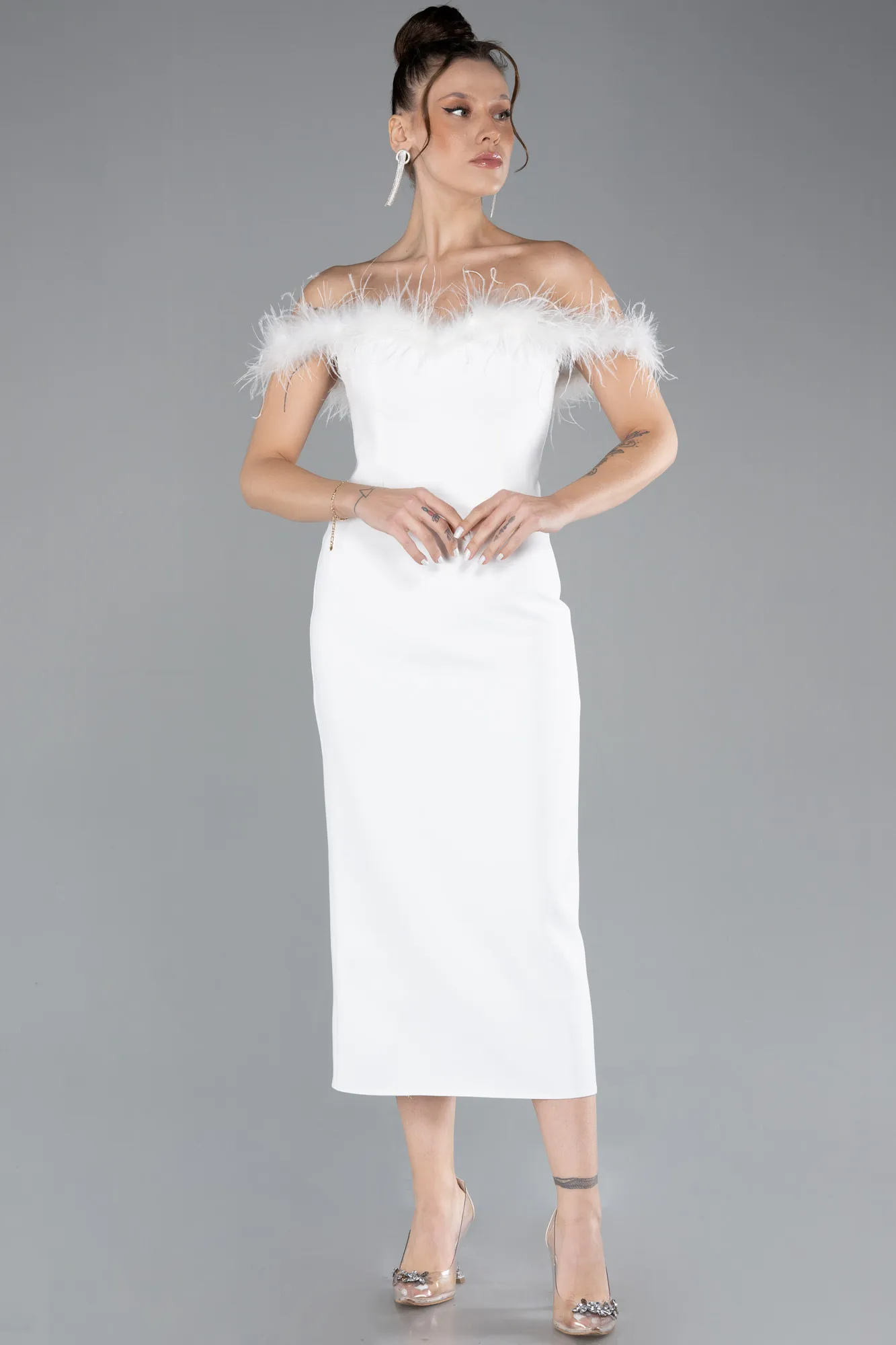 Ecru-Feathered Boat Neck Midi Cocktail Dress ABU4473