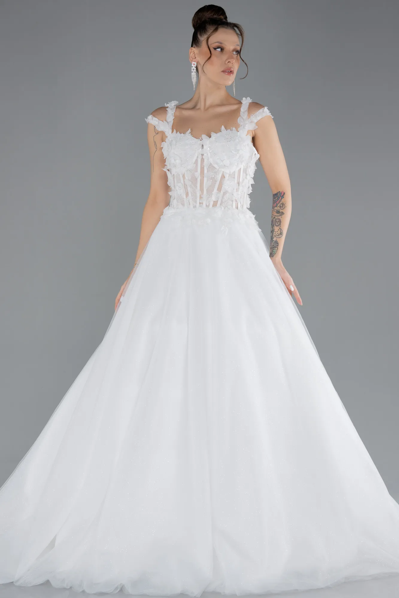 Ecru-Flower Embroidered Long Glitter Wedding Dress ABG047