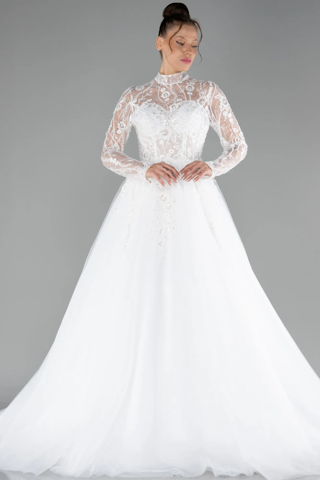 Ecru-Laced Long Sleeve Helen Wedding Dress ABU4290