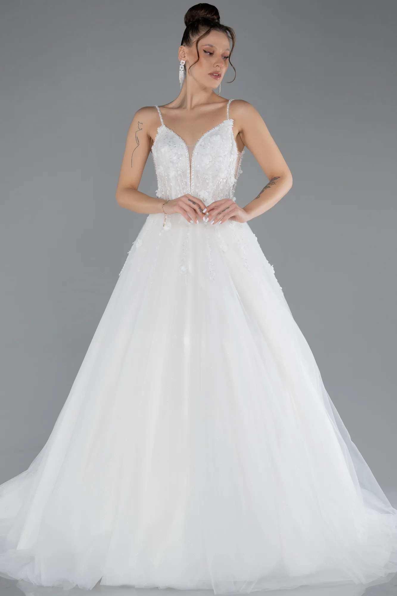 Ecru-Laced Straps Long Wedding Dress ABG039