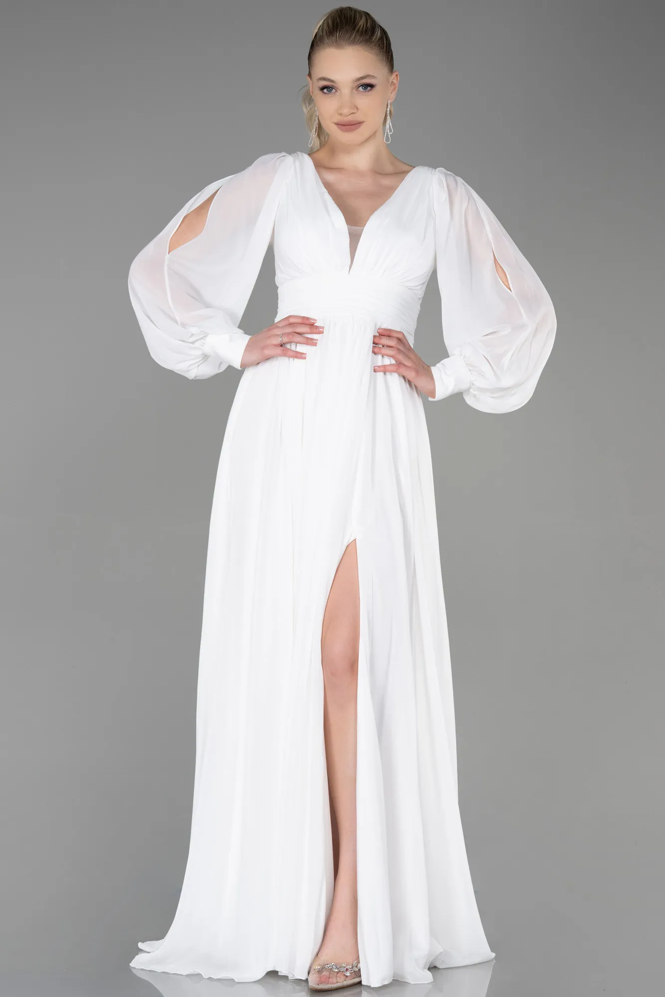 Ecru-Long Chiffon Evening Dress ABU1702