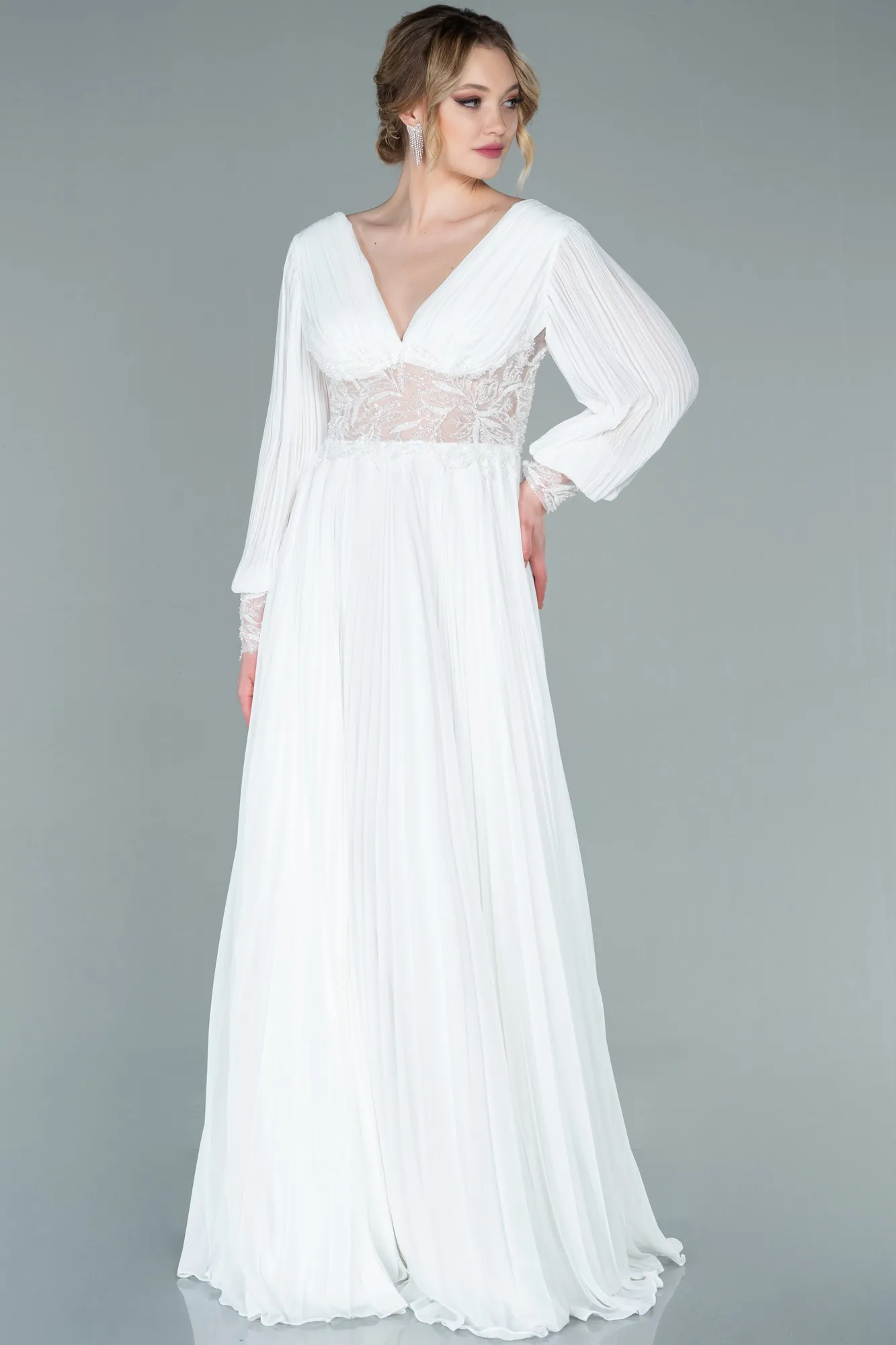 Ecru-Long Chiffon Evening Dress ABU2183