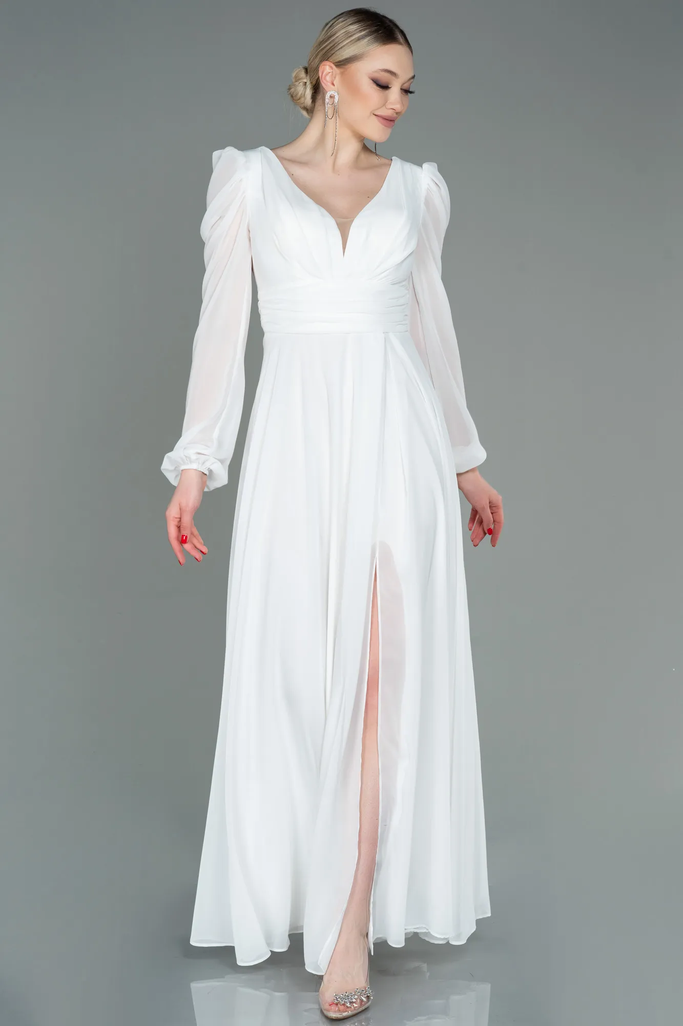 Ecru-Long Chiffon Evening Dress ABU3085
