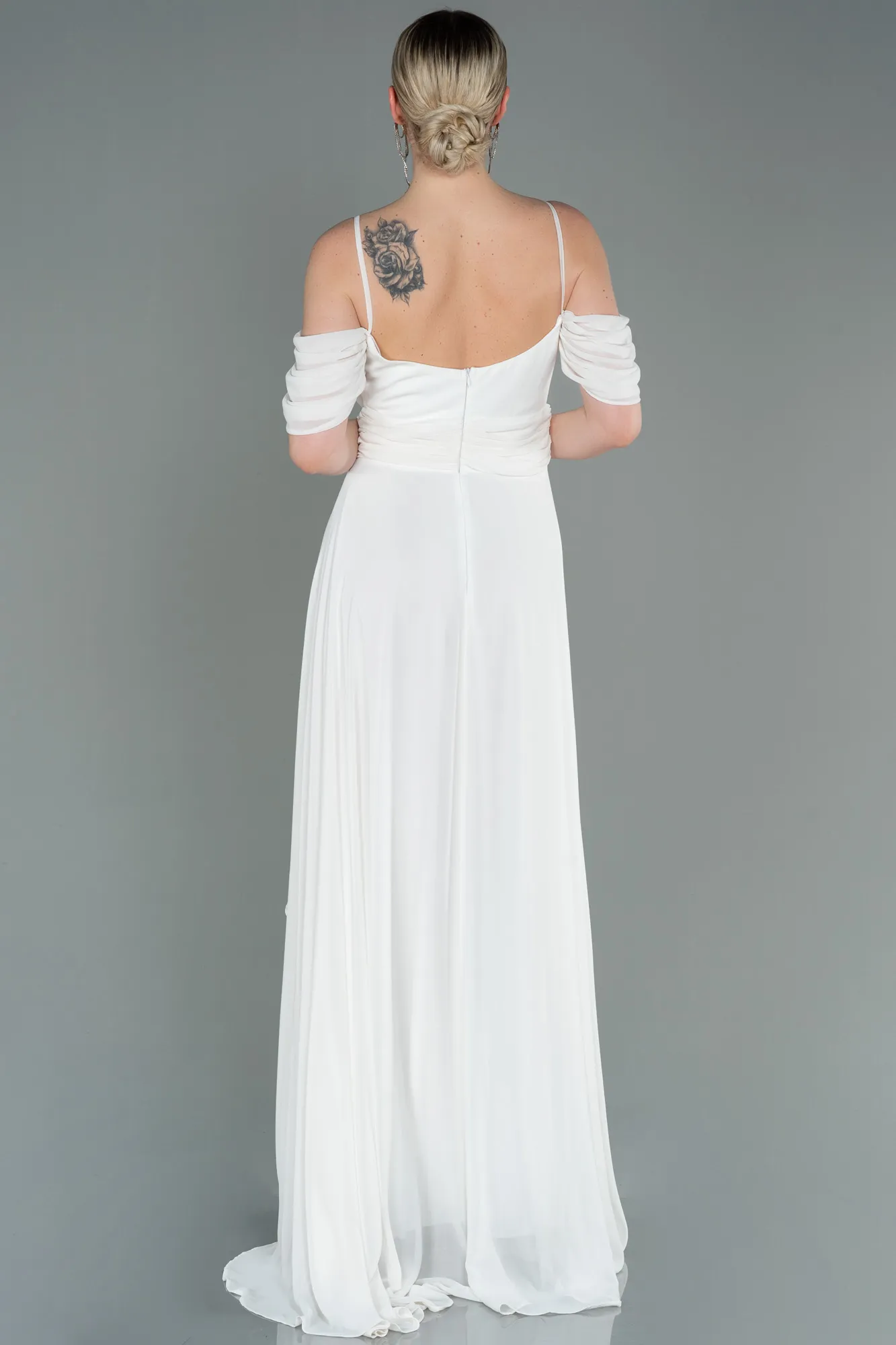 Ecru-Long Chiffon Evening Dress ABU3093