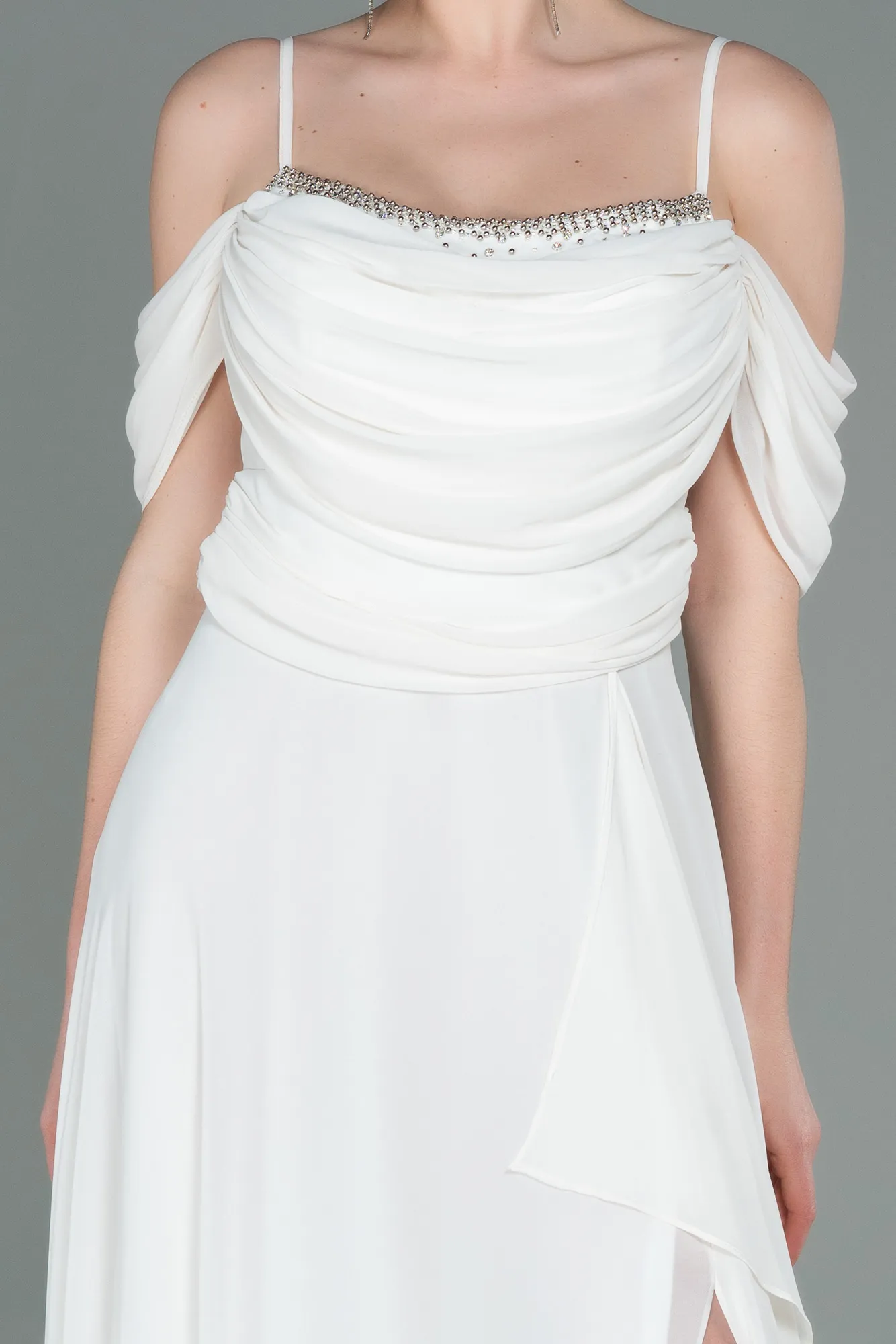 Ecru-Long Chiffon Evening Dress ABU3093