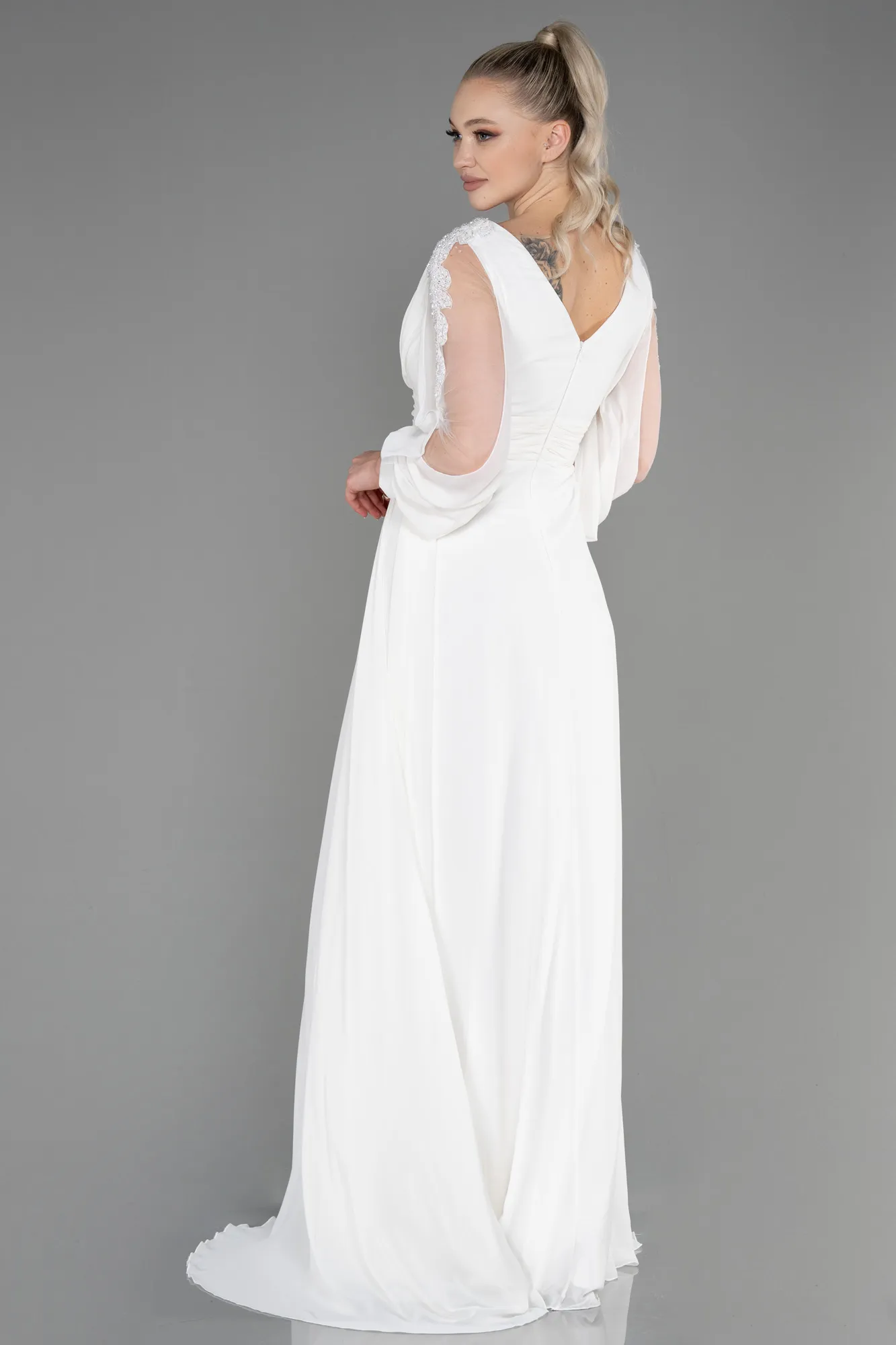 Ecru-Long Chiffon Evening Dress ABU3220