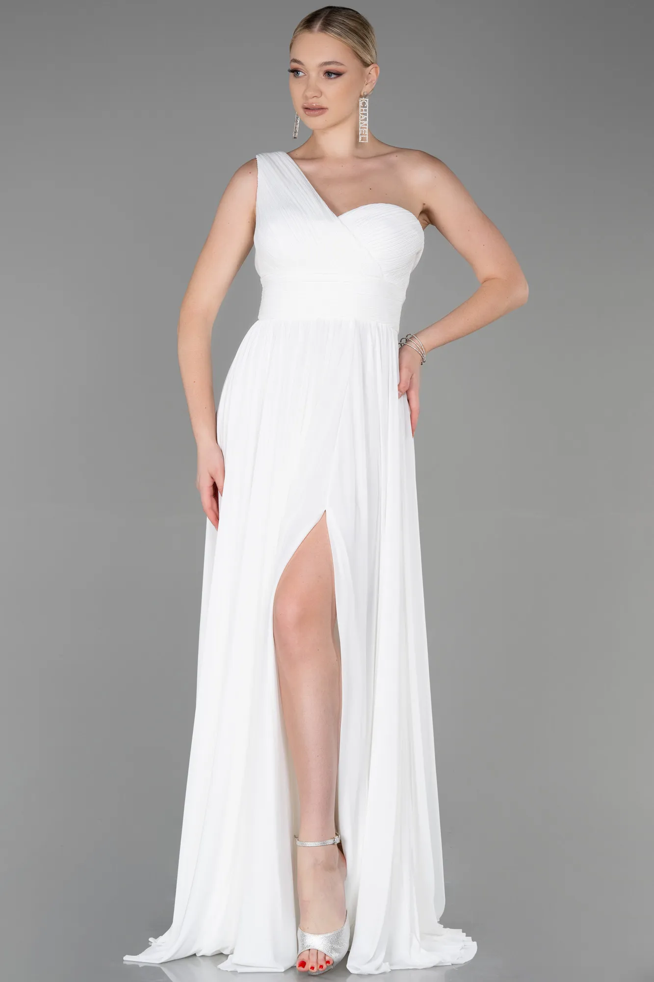 Ecru-Long Chiffon Evening Dress ABU3309