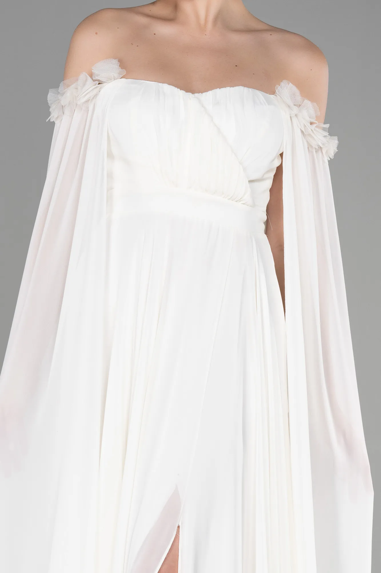 Ecru-Long Chiffon Evening Dress ABU3462