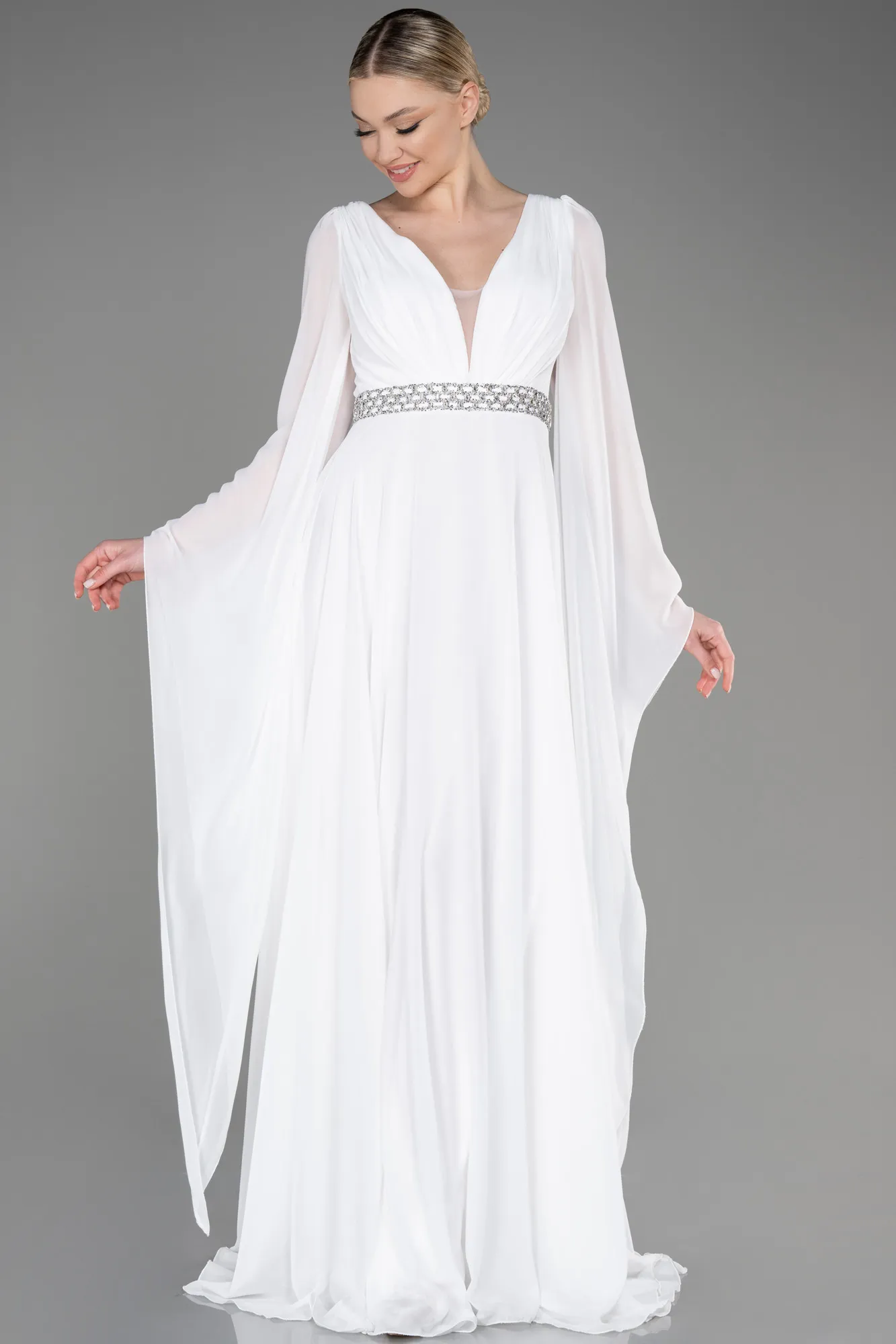 Ecru-Long Chiffon Evening Dress ABU3541