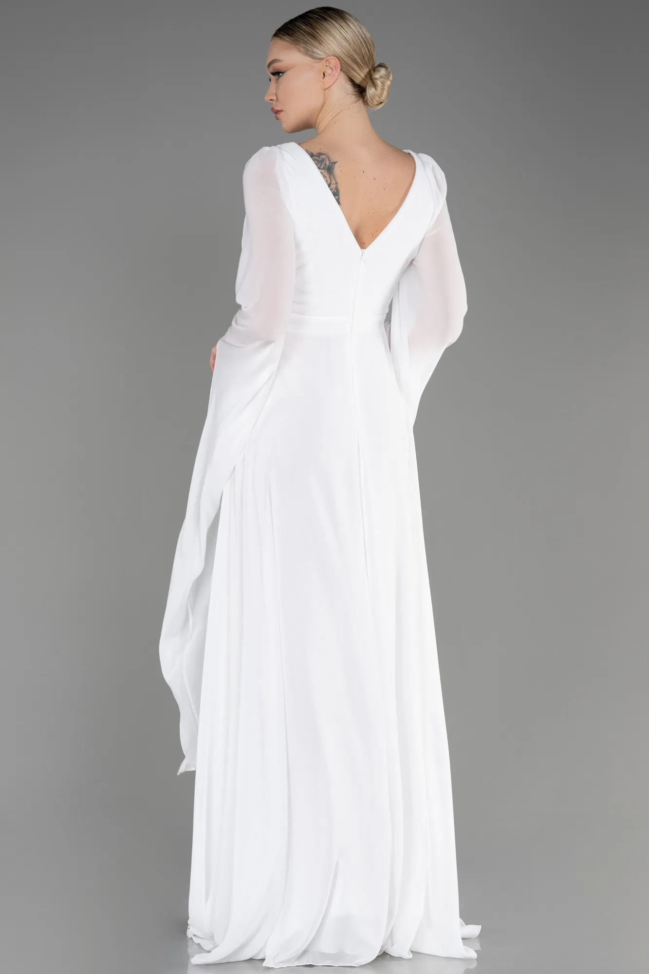 Ecru-Long Chiffon Evening Dress ABU3541