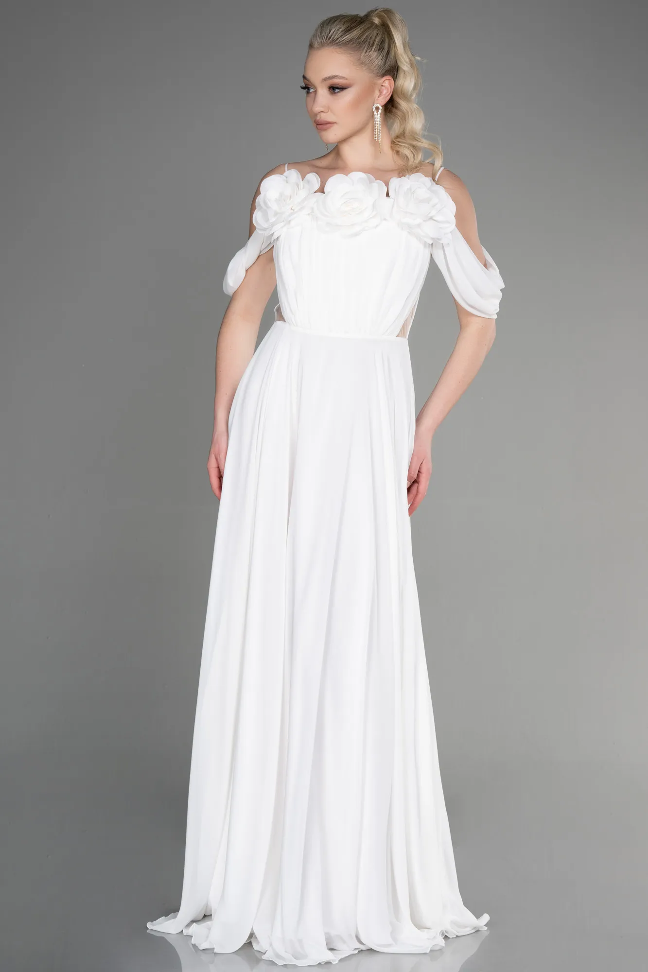Ecru-Long Chiffon Evening Dress ABU3626