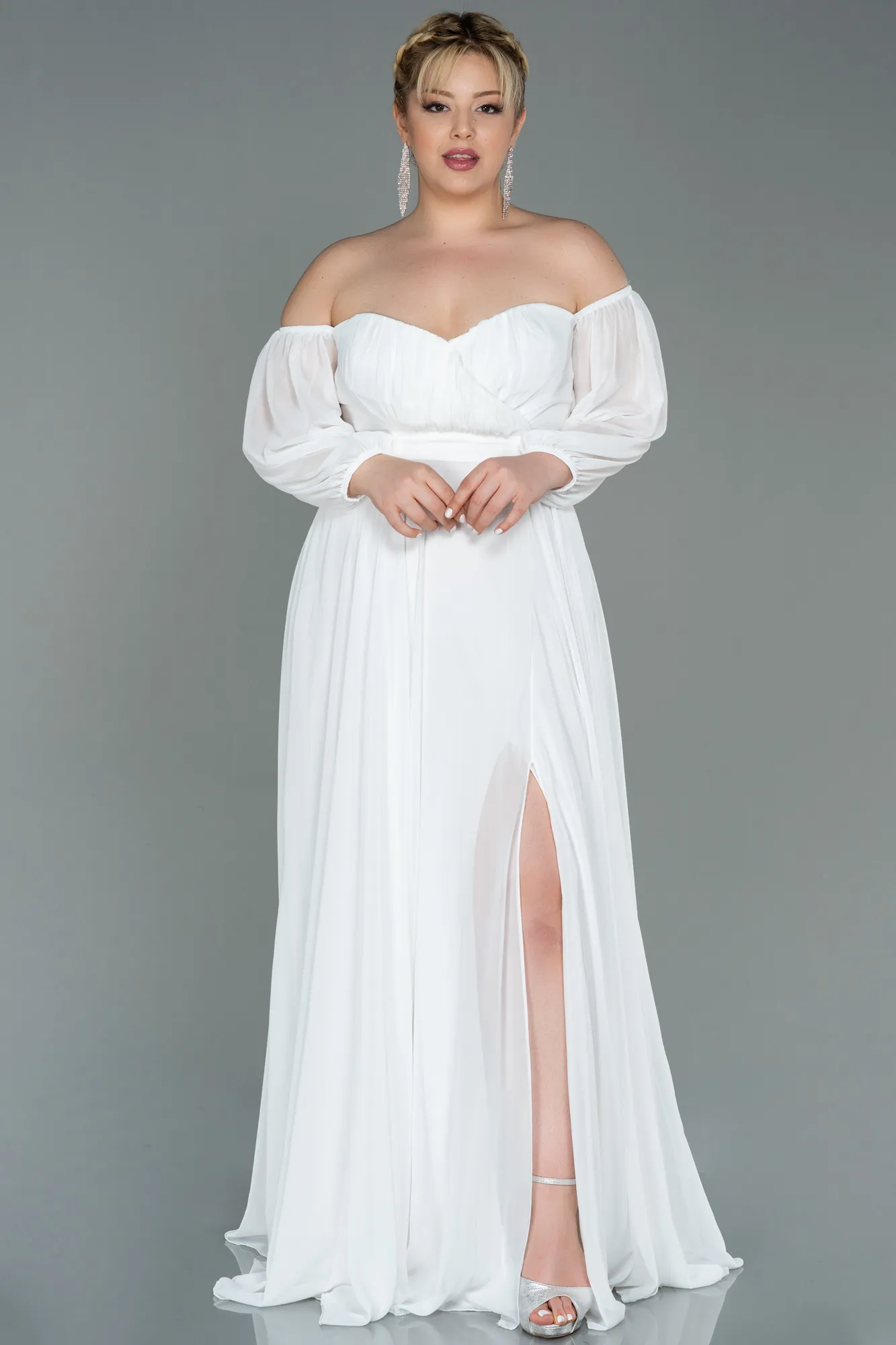 Ecru-Long Chiffon Oversized Evening Dress ABU2597