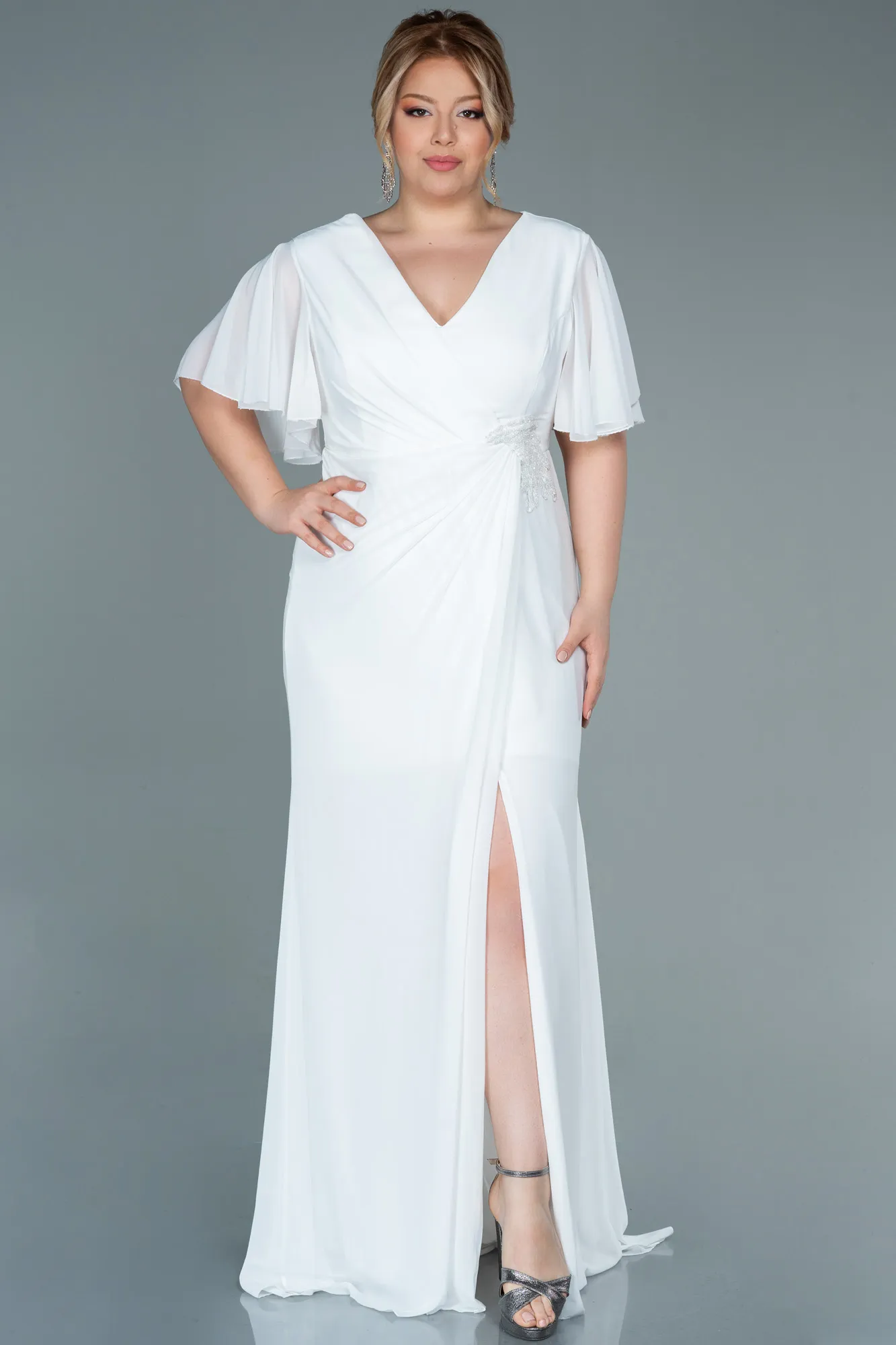 Ecru-Long Chiffon Oversized Evening Dress ABU2748