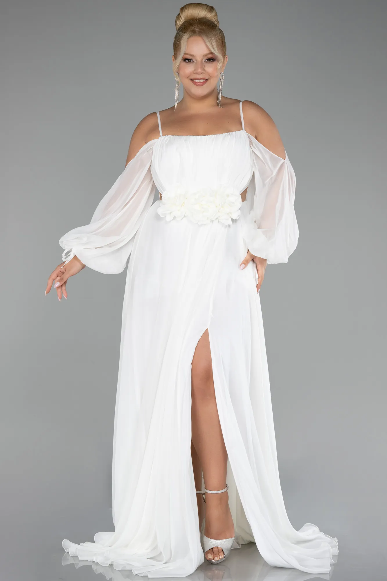 Ecru-Long Chiffon Plus Size Engagement Dress ABU4167