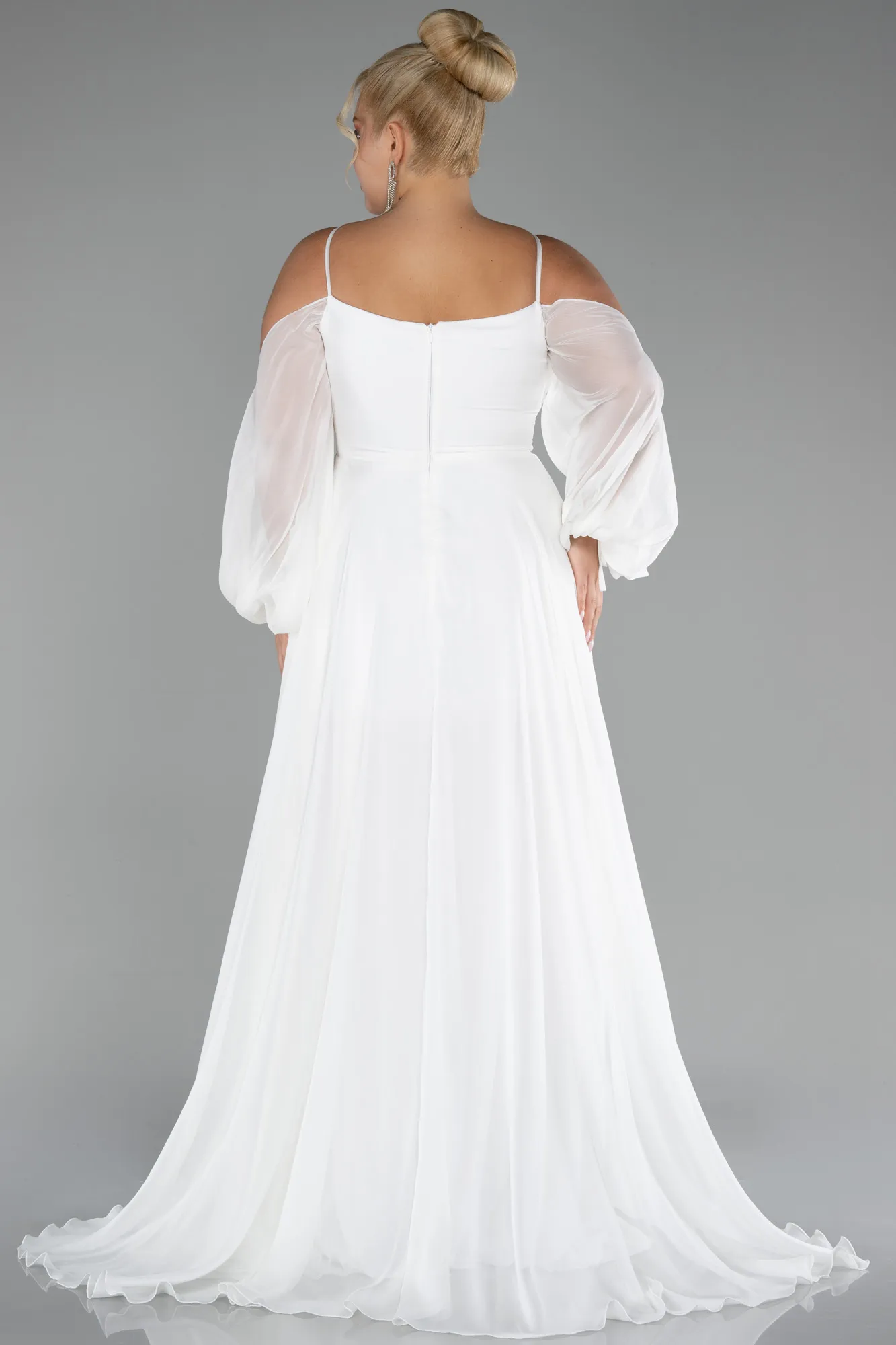 Ecru-Long Chiffon Plus Size Engagement Dress ABU4167