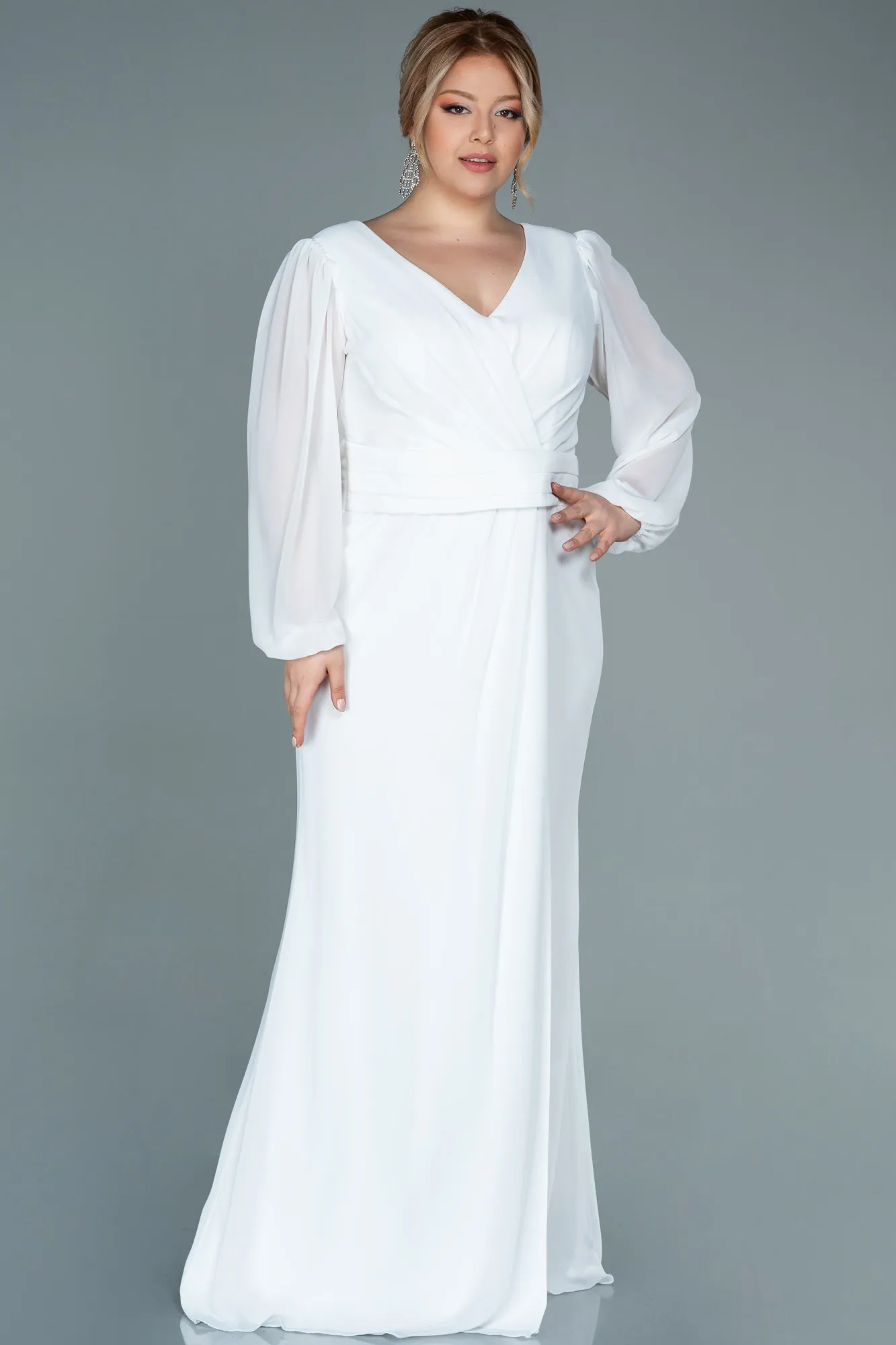 Ecru-Long Chiffon Plus Size Evening Dress ABU2763