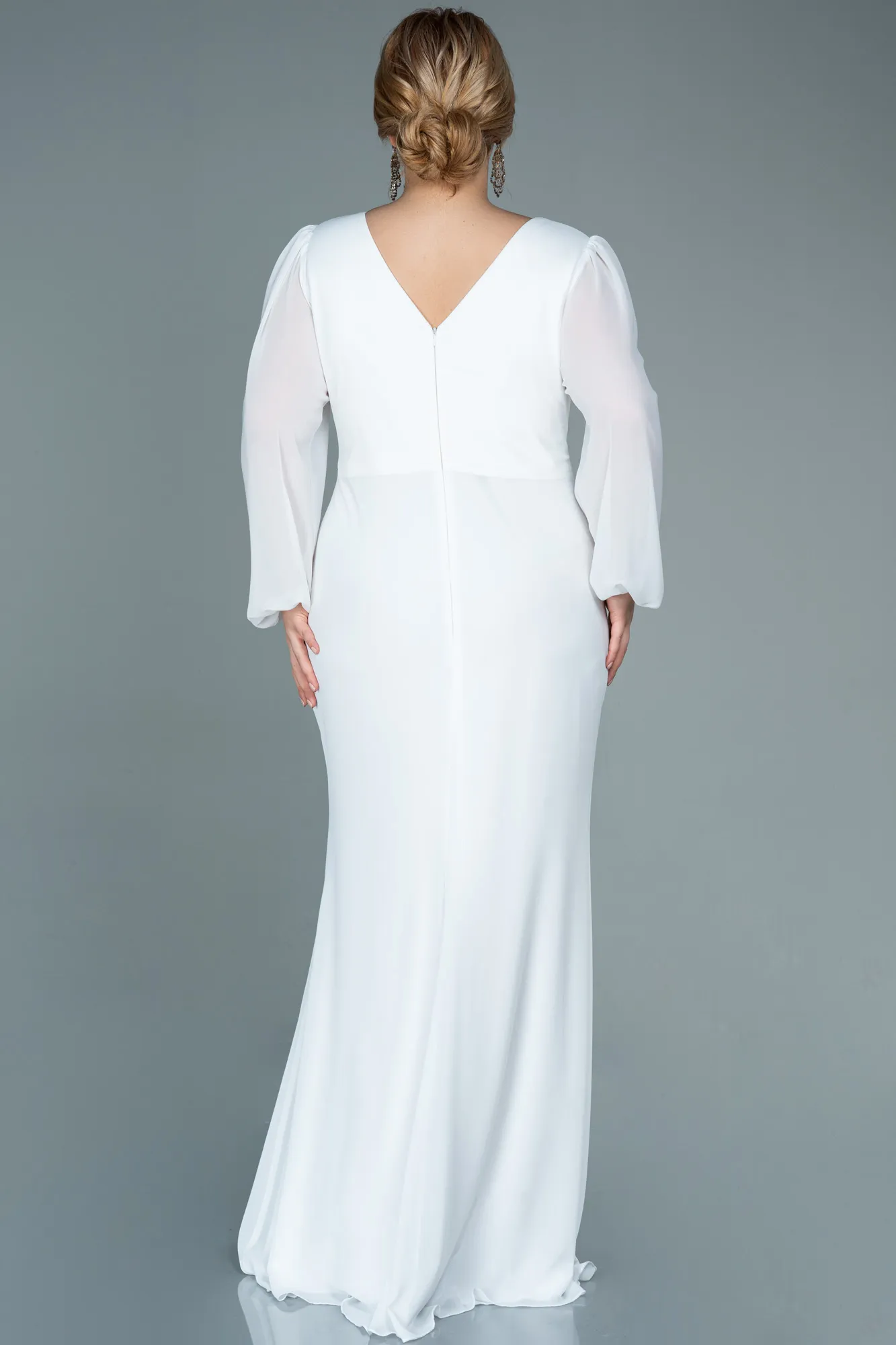 Ecru-Long Chiffon Plus Size Evening Dress ABU2763