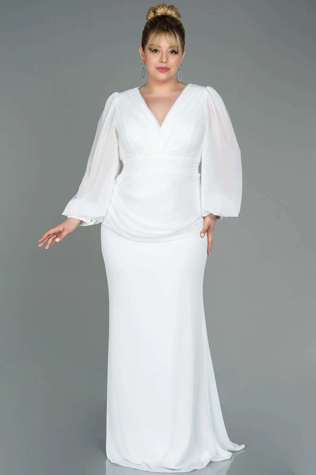 Ecru-Long Chiffon Plus Size Evening Dress ABU3096