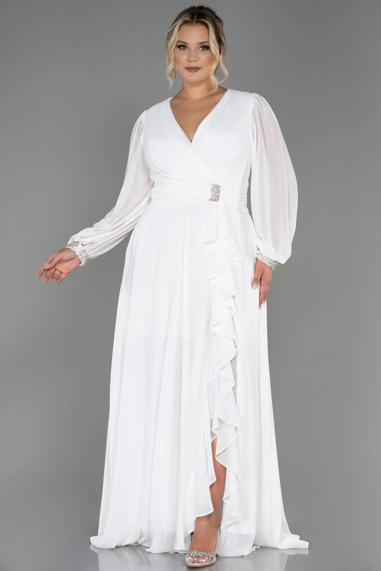 Ecru-Long Chiffon Plus Size Evening Dress ABU3222