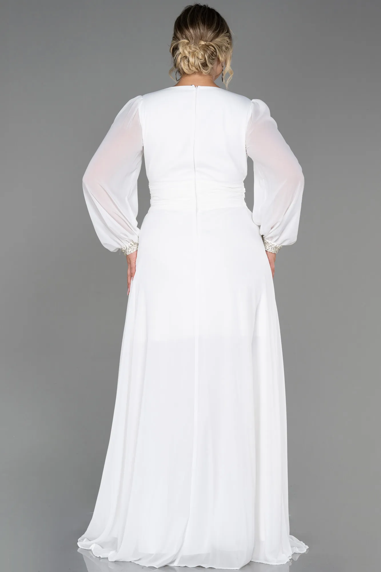 Ecru-Long Chiffon Plus Size Evening Dress ABU3222