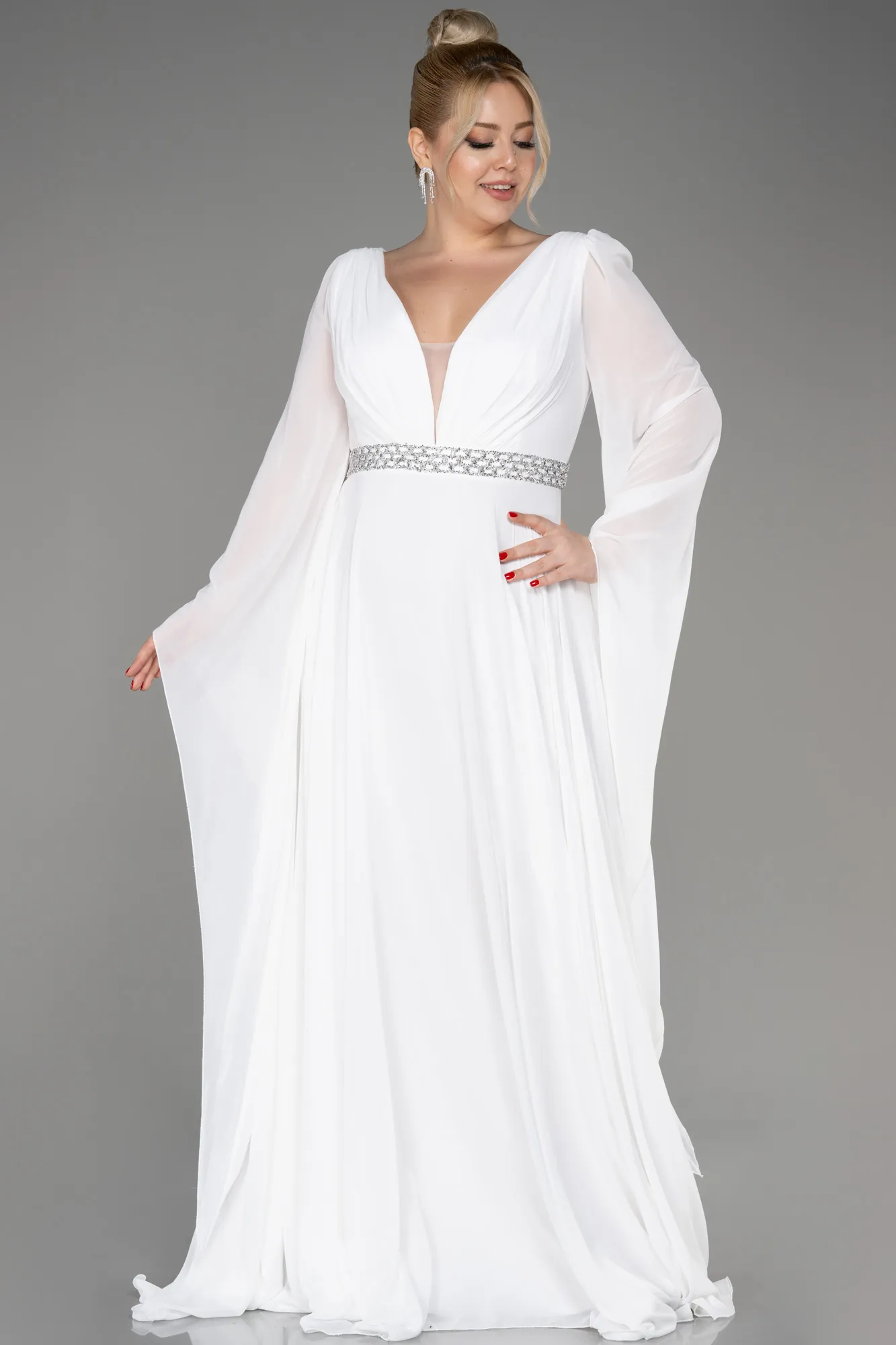 Ecru-Long Chiffon Plus Size Evening Dress ABU3543