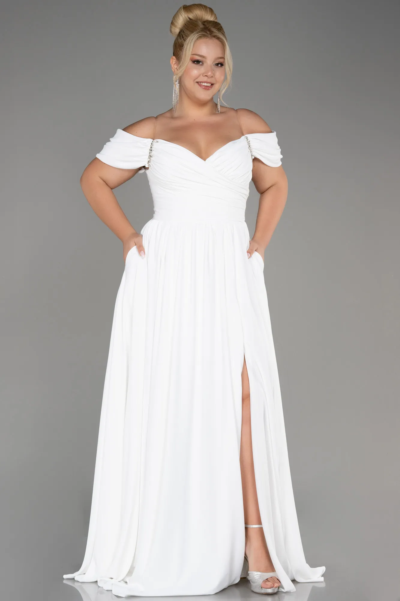 Ecru-Long Chiffon Plus Size Evening Dress ABU3738