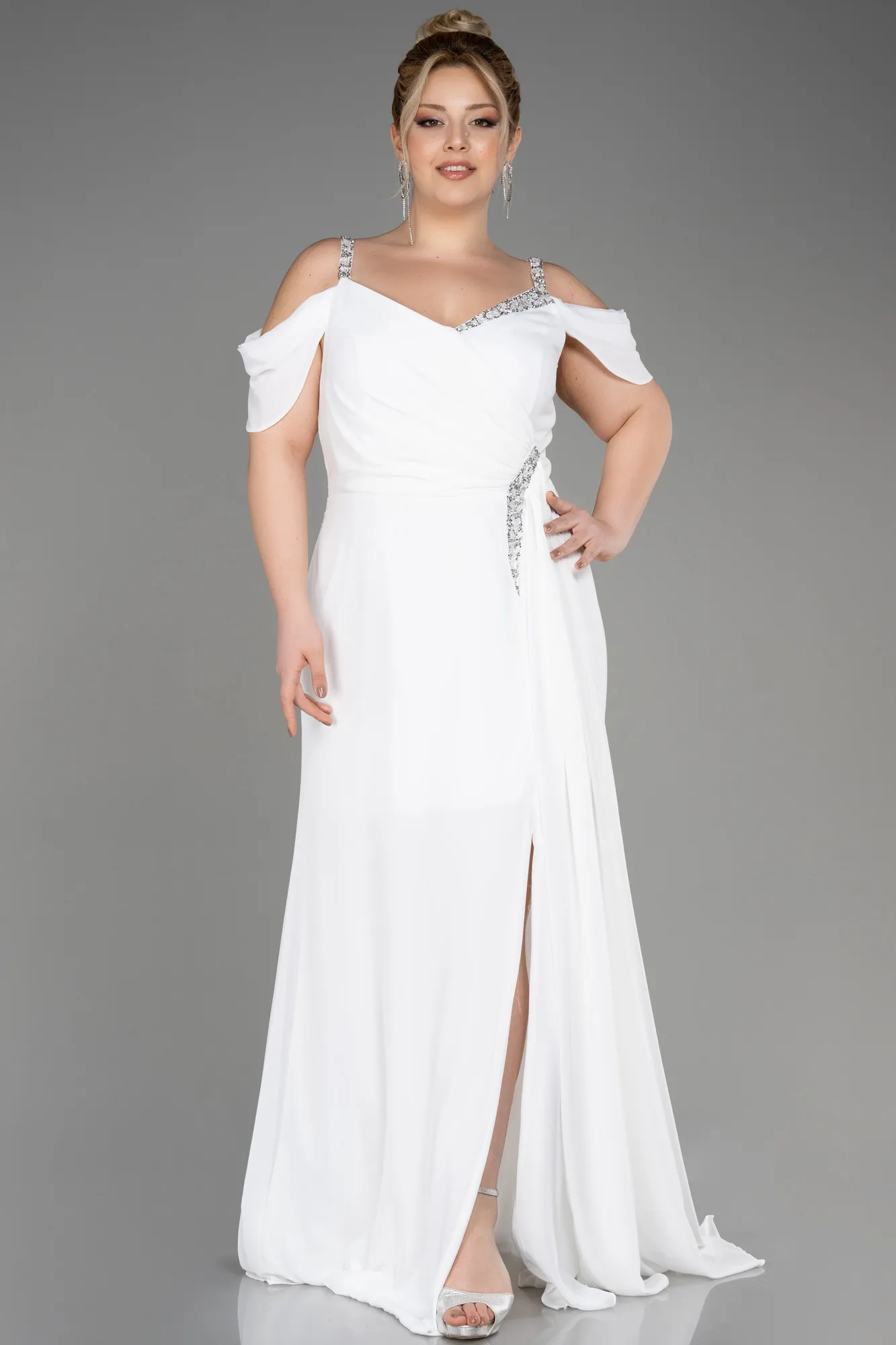 Ecru-Long Chiffon Plus Size Evening Gown ABU3742