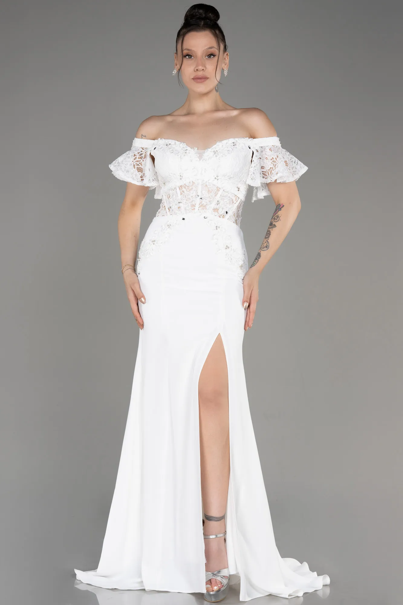 Ecru-Long Dantelle Evening Dress ABU2261