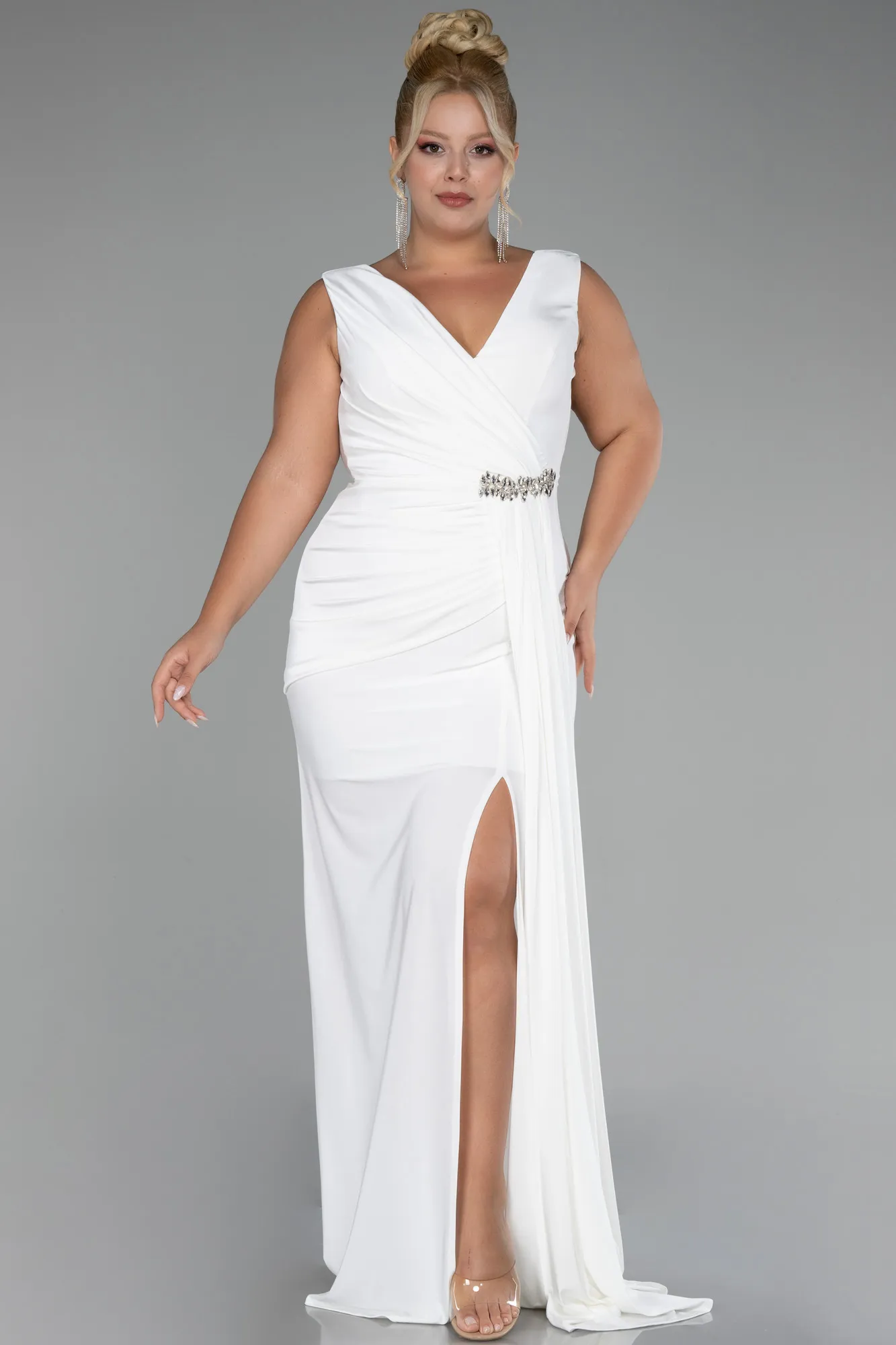 Ecru-Long Formal Plus Size Dress ABU3737