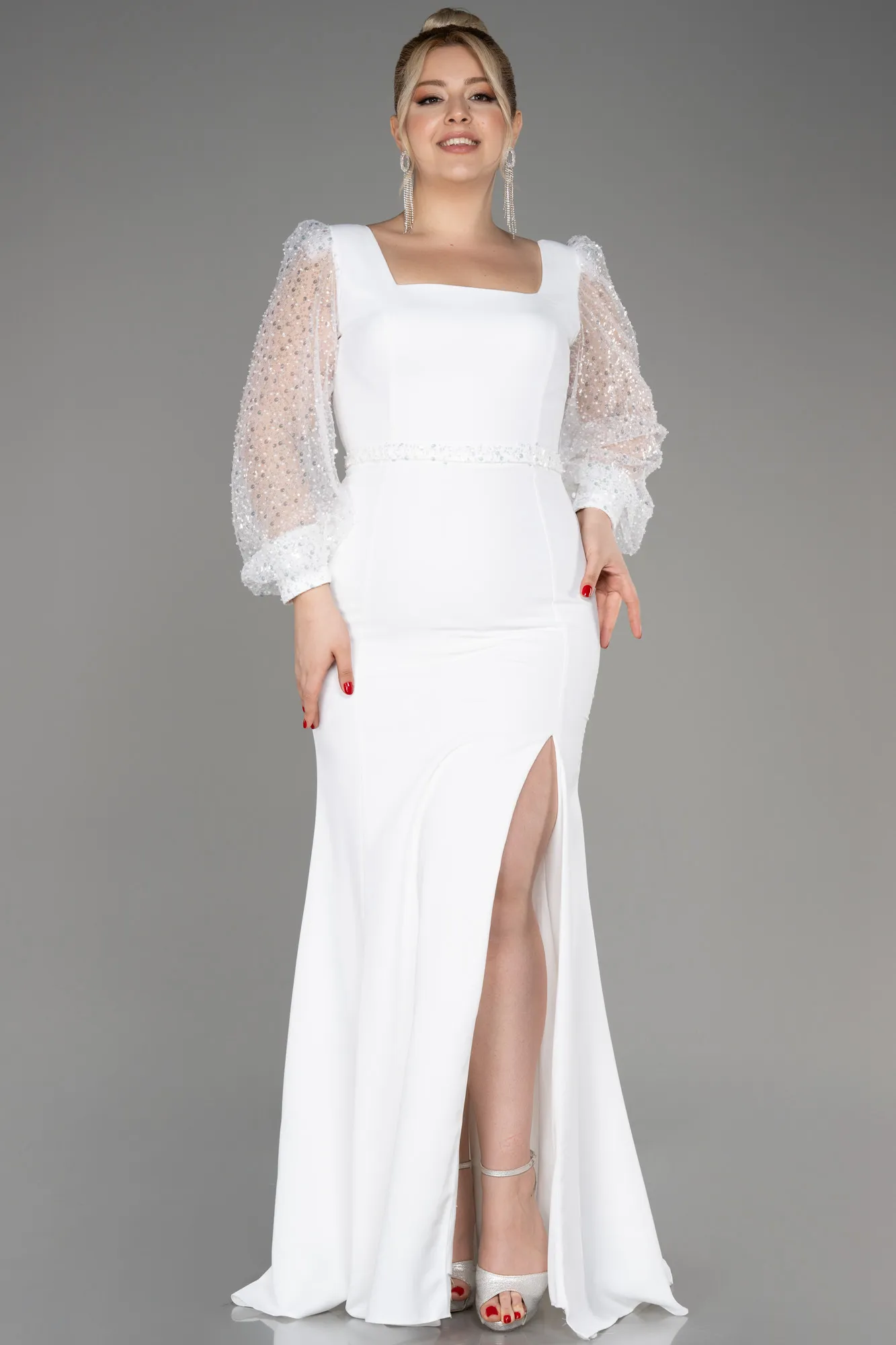 Ecru-Long Oversized Evening Dress ABU3912