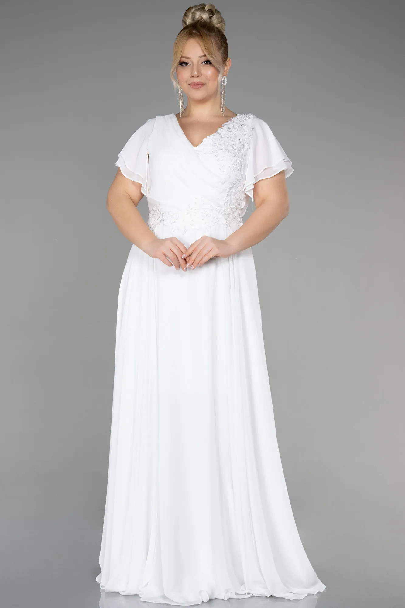 Ecru-Long Plus Size Evening Dress ABU1562